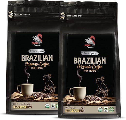 whole beans coffee gift set - BRAZILIAN WHOLE BEANS COFFEE ORGANIC, Medium Roast, non gmo, 100% Arabica, Fair Trade, low acid, organic coffee beans, brazilian coffee ground dark roast 2 Bags (24 Oz)