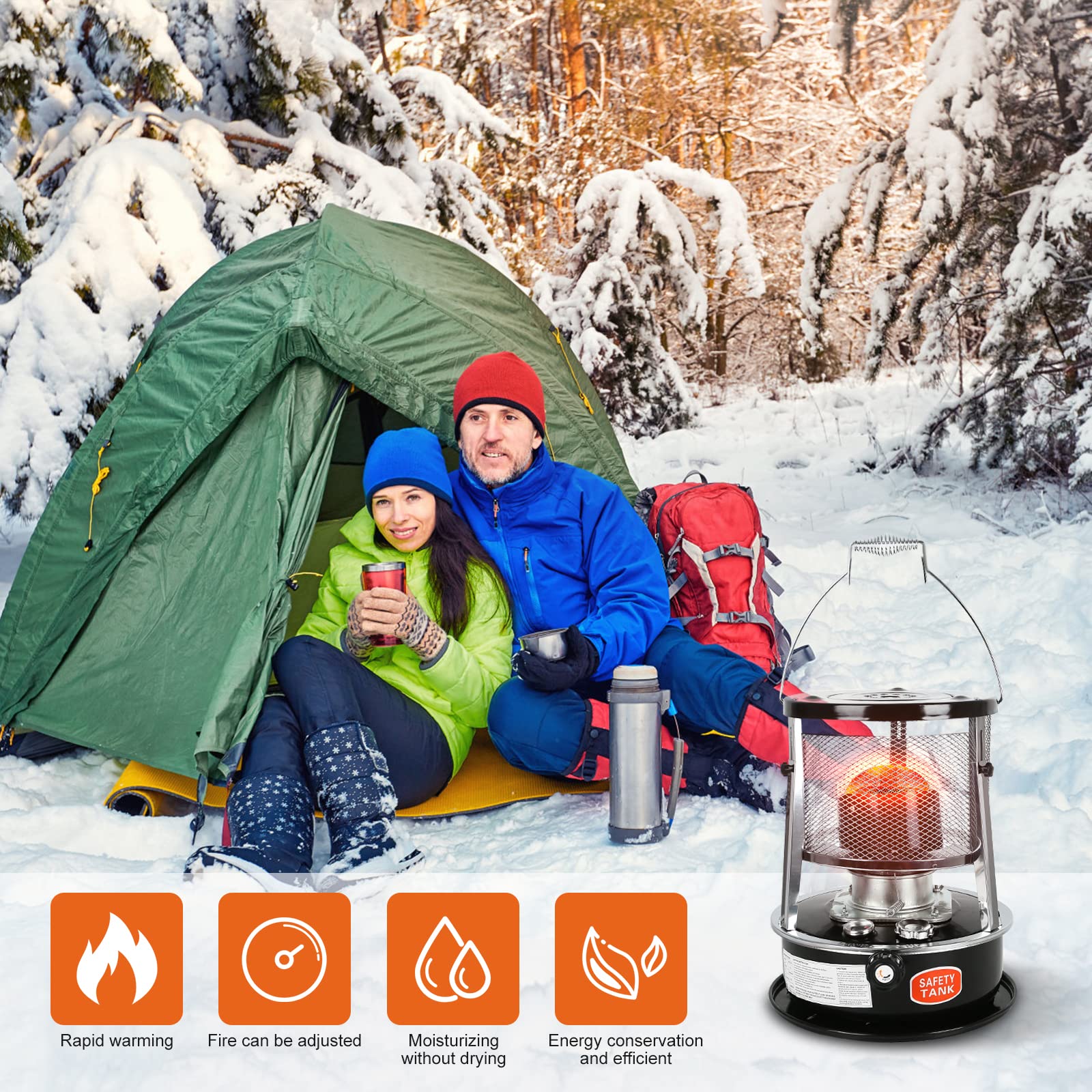 Chauffage à pétrole avec 4 gants, 2600 W, poêle à pétrole pour intérieur, avec protection contre les chutes et 5 mèches, grand chauffage portable au pétrole, pour camping, chauffage de tente,