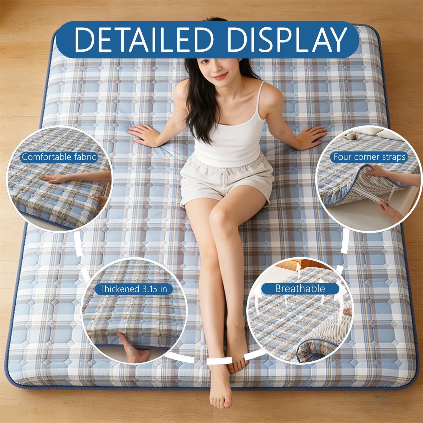 Colchón japonés de suelo, futón portátil plegable para dormitorio, habitación, fiestas de pijamas, tapete tatami enrollable, ideal para dormir solo y espacios pequeños