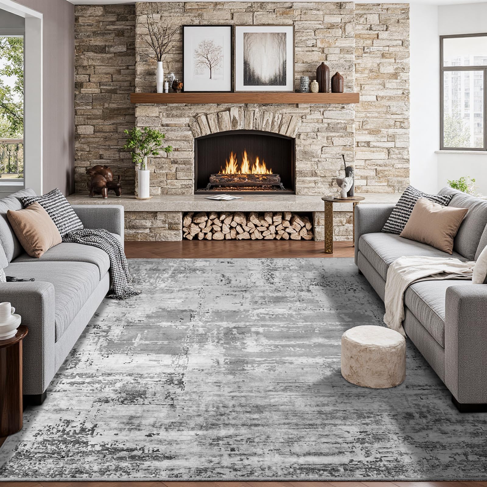 Grand tapis de salon HOMORE lavable gris 240x250cm antidérapant abstrait