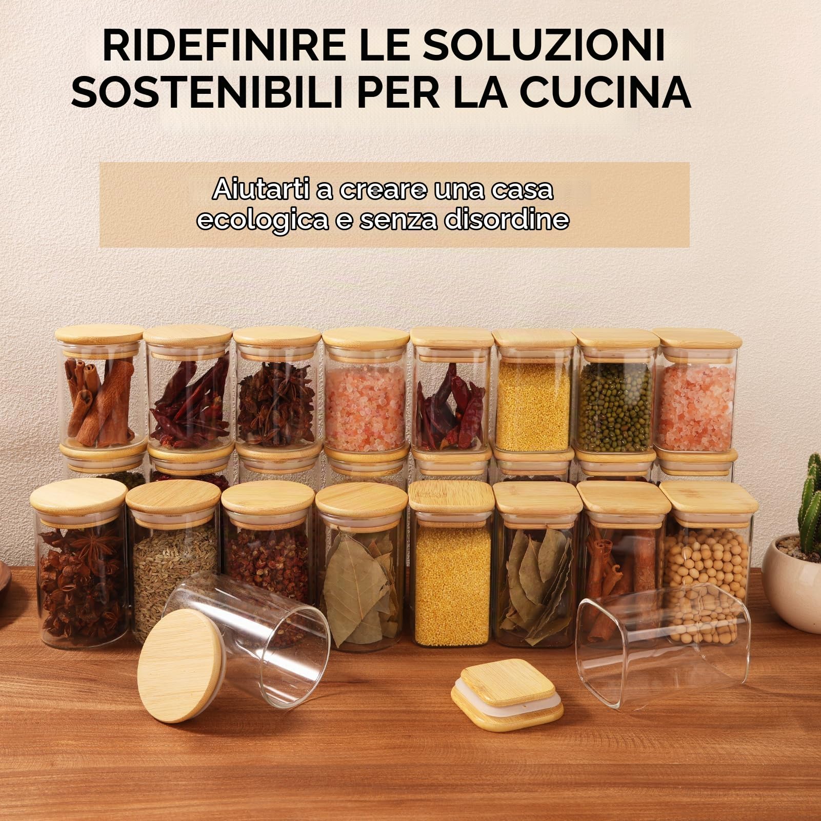 Cinnani Set da 12 Barattoli Spezie Vetro, 200ml Barattolini porta Spezie Vetro con Coperchi in Bambù, Barattoli Spezie per Cucina Ermetici, Trasparente Vasetti Spezie con Etichette
