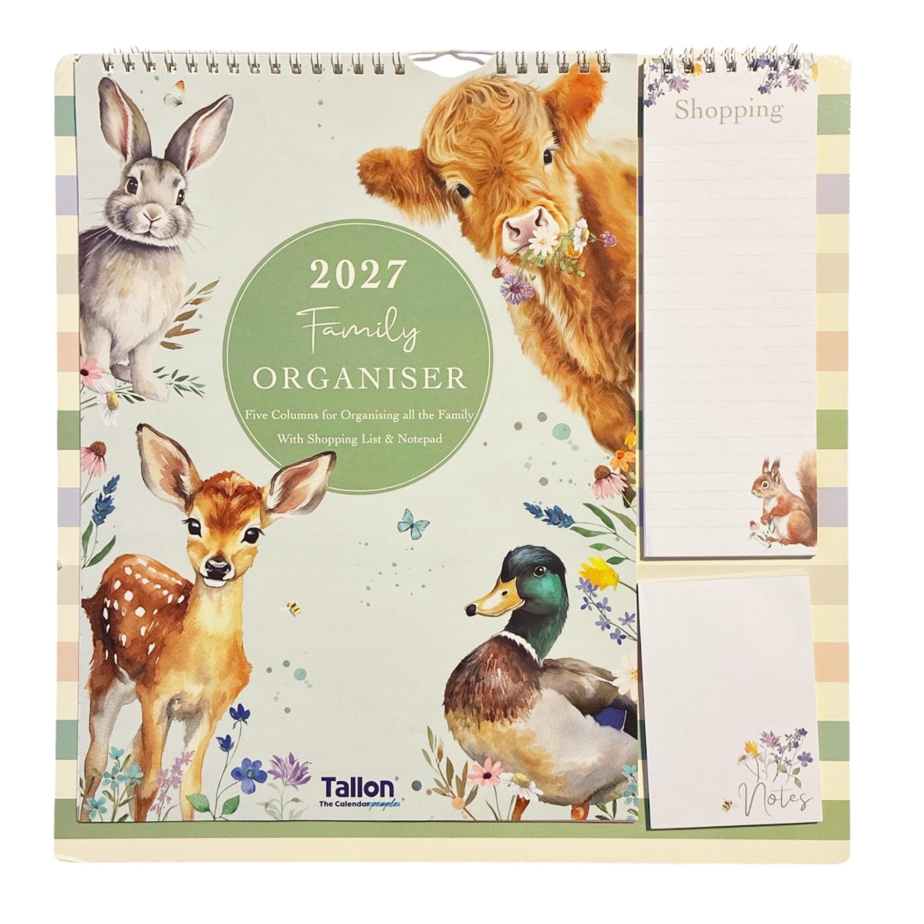 2027 Family Calendar 5 Column Organiser with Shopping List and Note Pad - Animals 0251
