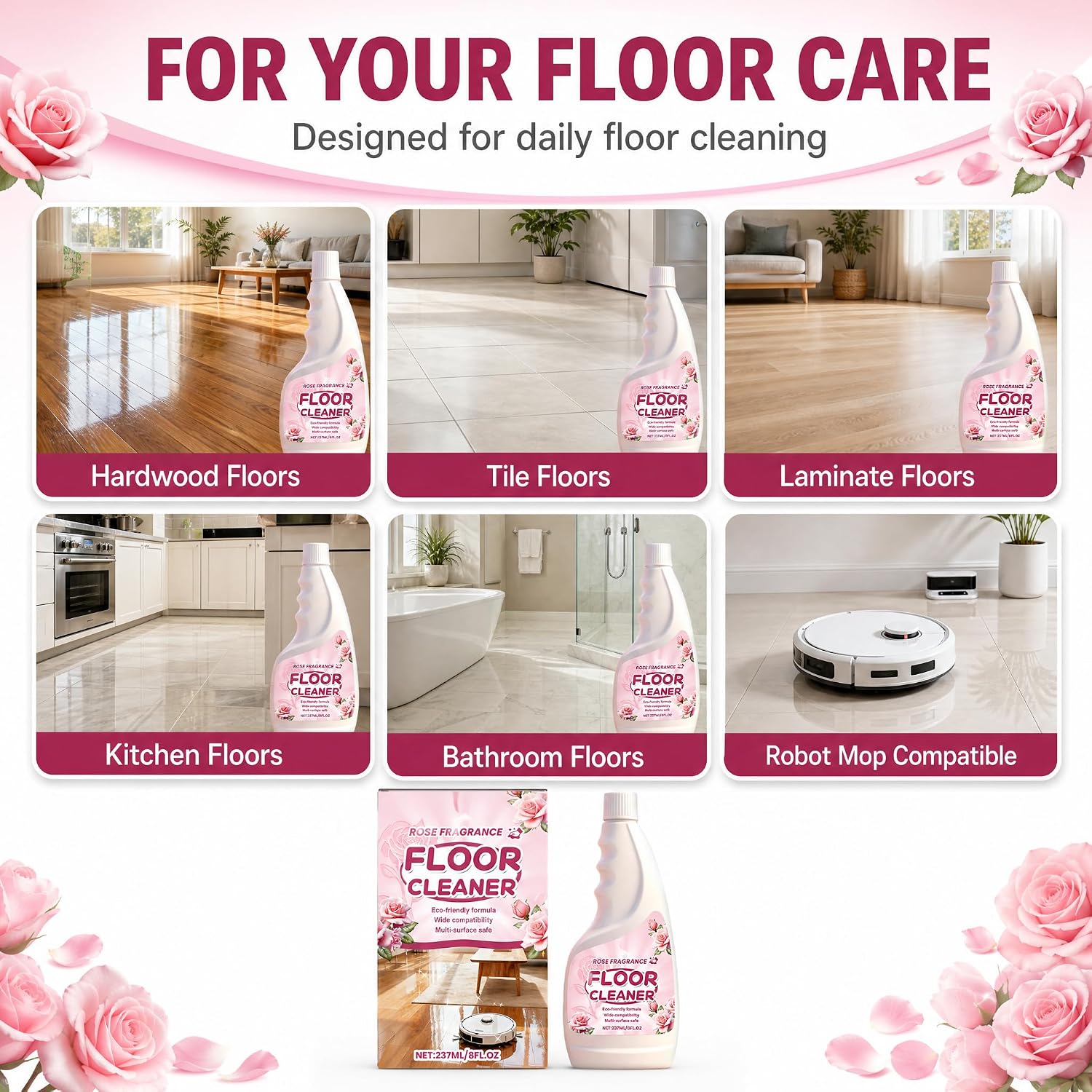Rose Scent Floor Cleaner 8 fl.oz, Daily Care for Hardwood Tile Laminate image 3