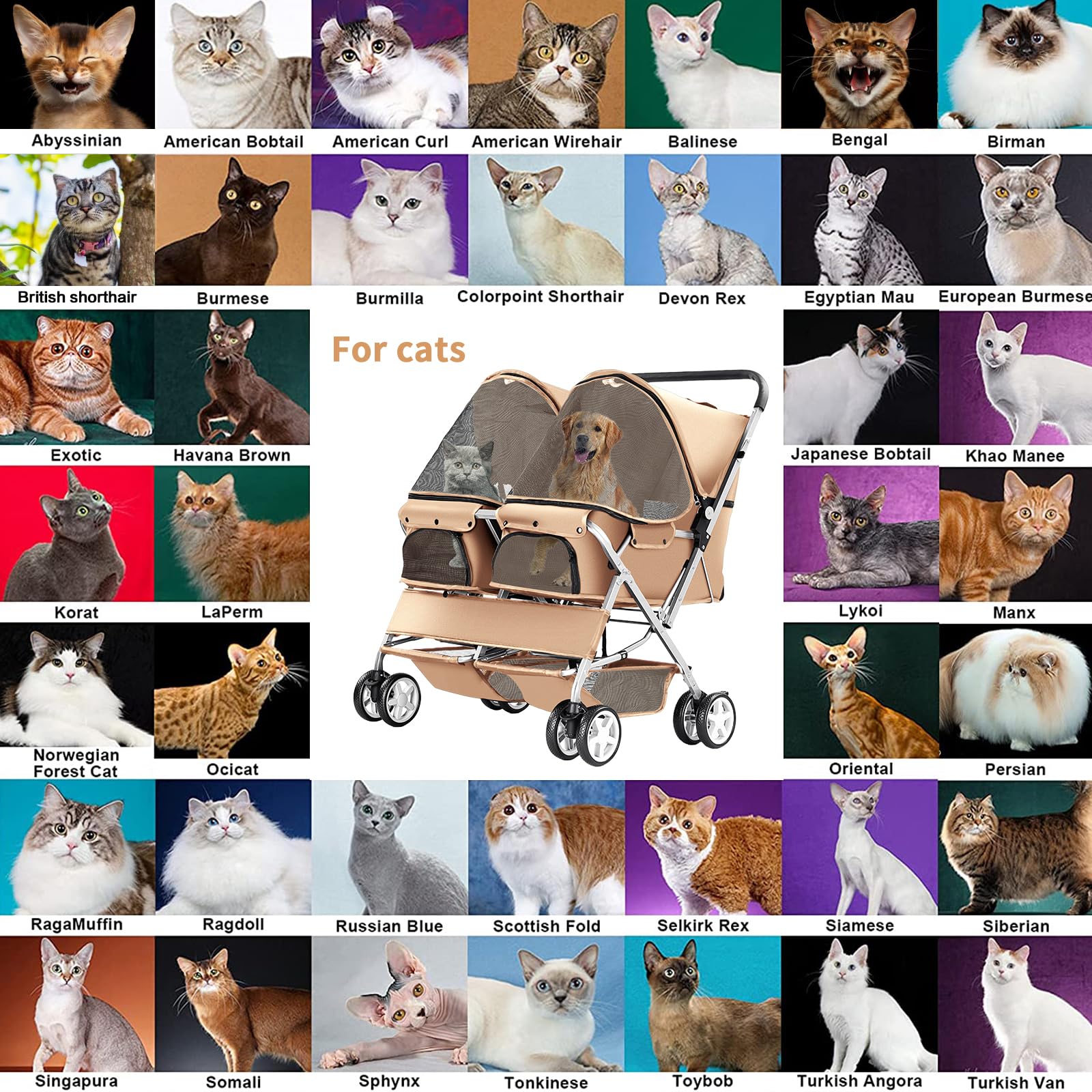 Hundewagen, Doppel-Haustier-Kinderwagen, faltbarer Kinderwagen für 2 Hunde und Katzen, Zweisitzer-Tragetasche, Twin Dog Walk Jogger, Reise-Haustierwagen mit Stauraum, Beige
