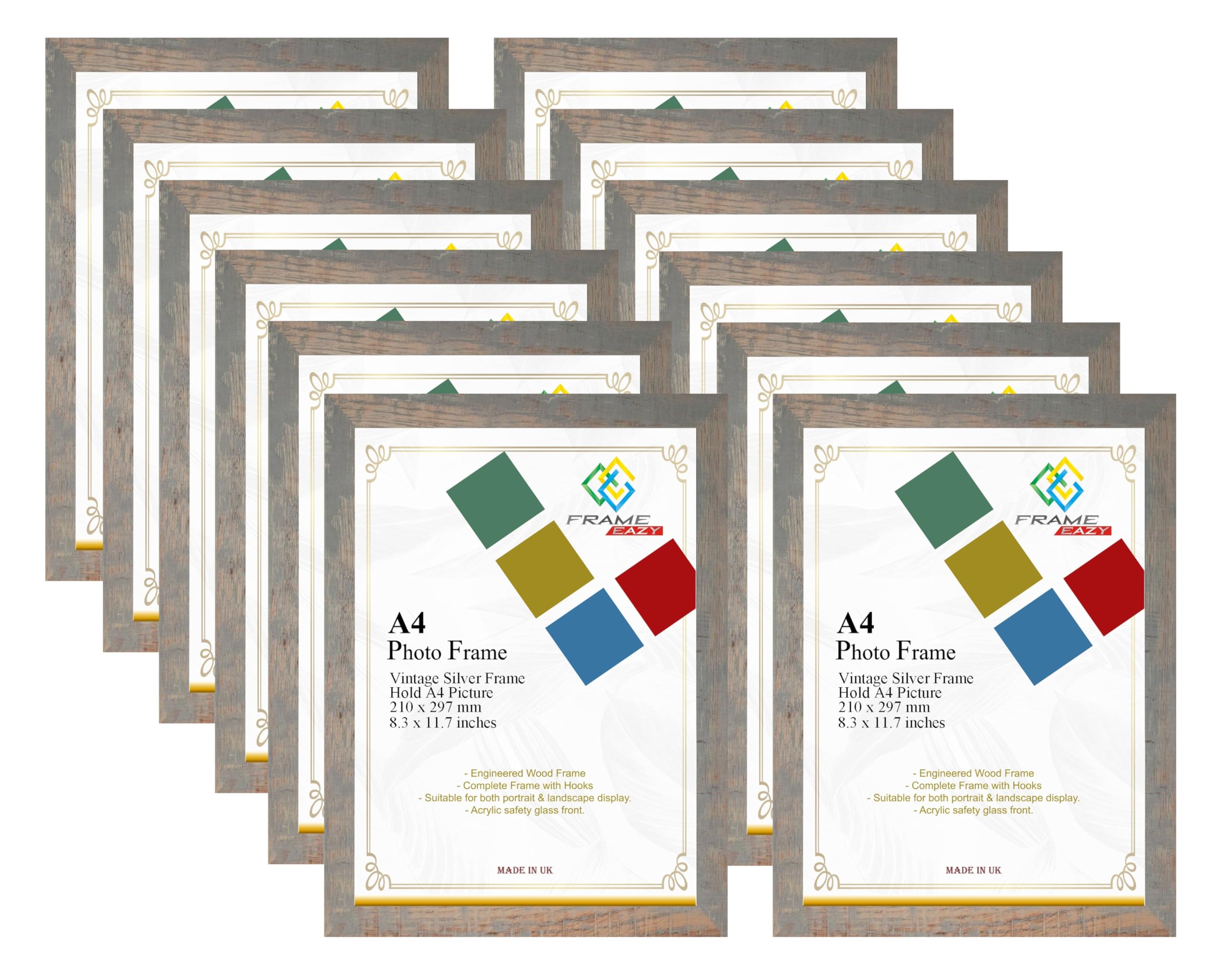 FRAME EAZY Vintage Silver A4 Photo Frame Multipack of 12 in Size 29.7 x 21cm Picture Frames - A4 Certificate Frame - Vintage Silver Frame with Clear Perspex Sheet & Wall Mounted Hooks - Box of 12
