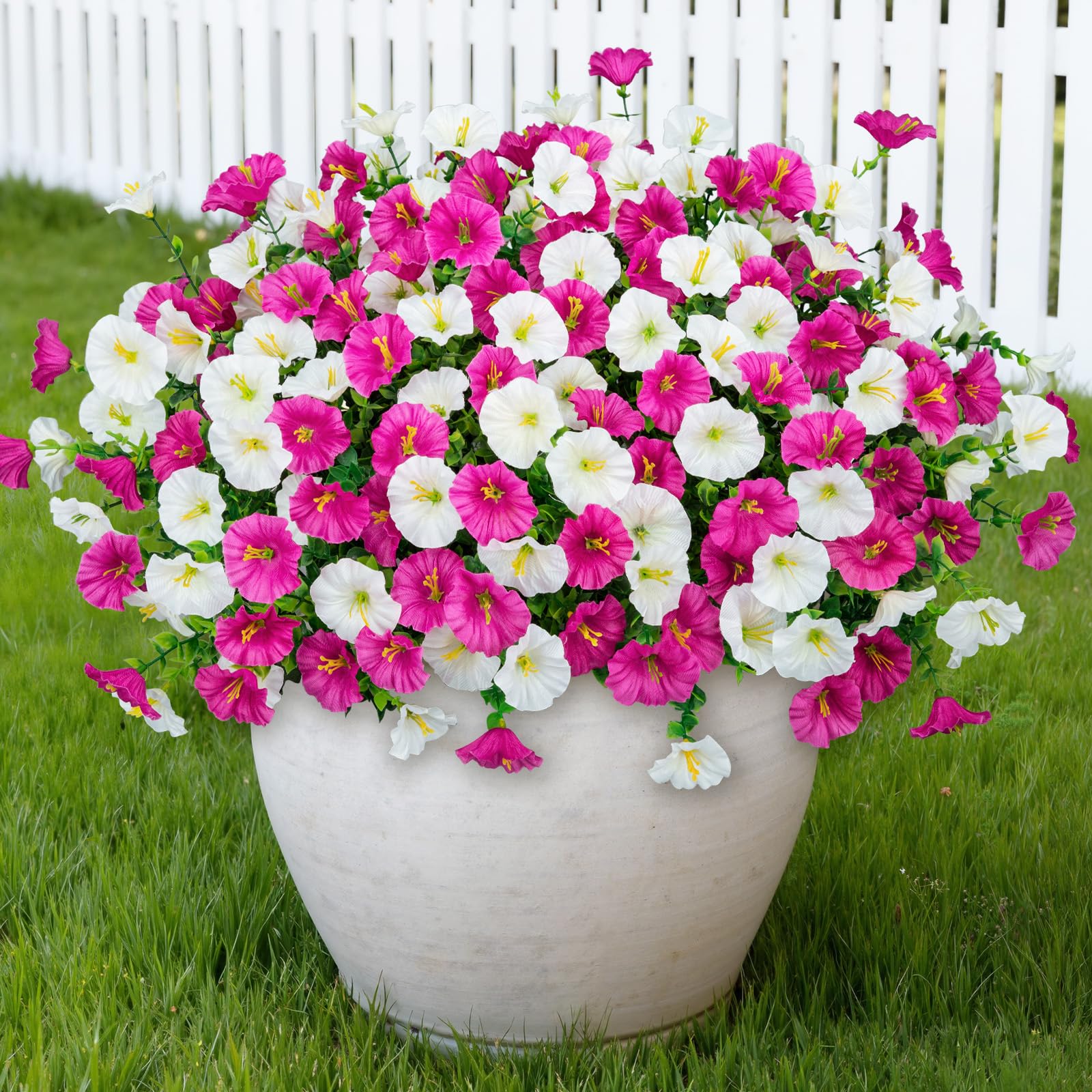 Artificial Flowers for Outdoors, 16 Bundles Mix Color Silk Faux Flowers Morning Glory UV Resistant Eucalyptus Plants Fake Petunias Plants for Porch Garden Planters Window Box Outside Indoor Decor