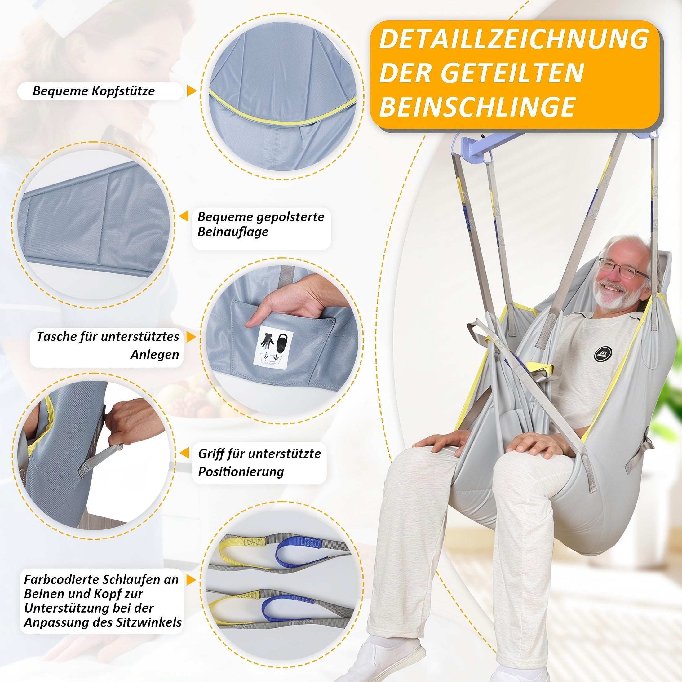 Sangle Lève-Personne Corps Complet avec Appui-Tête, Harnais de Transfert en Maille Respirante, Rembourré et Réglable, Compatible Fauteuil Roulant (L)