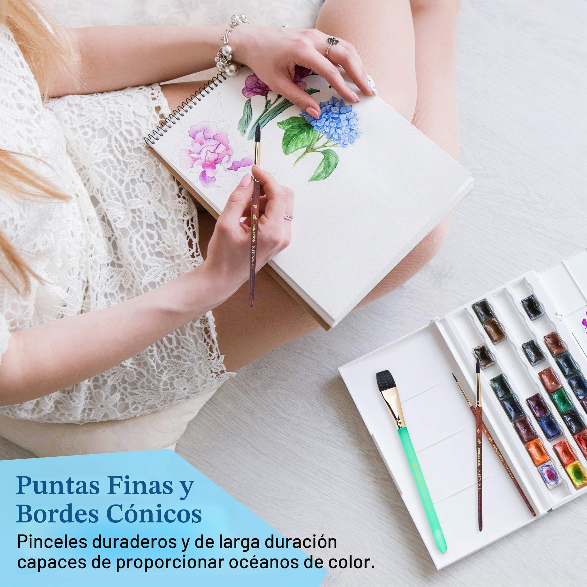 Princeton Neptune - Pinceles profesionales para acuarela, serie 4750, juego de 4 pinceles sintéticos suaves de ardilla para pintura de acuarela, acuarela de 3/4 pulgadas, redondo 2, redondo 6, redondo