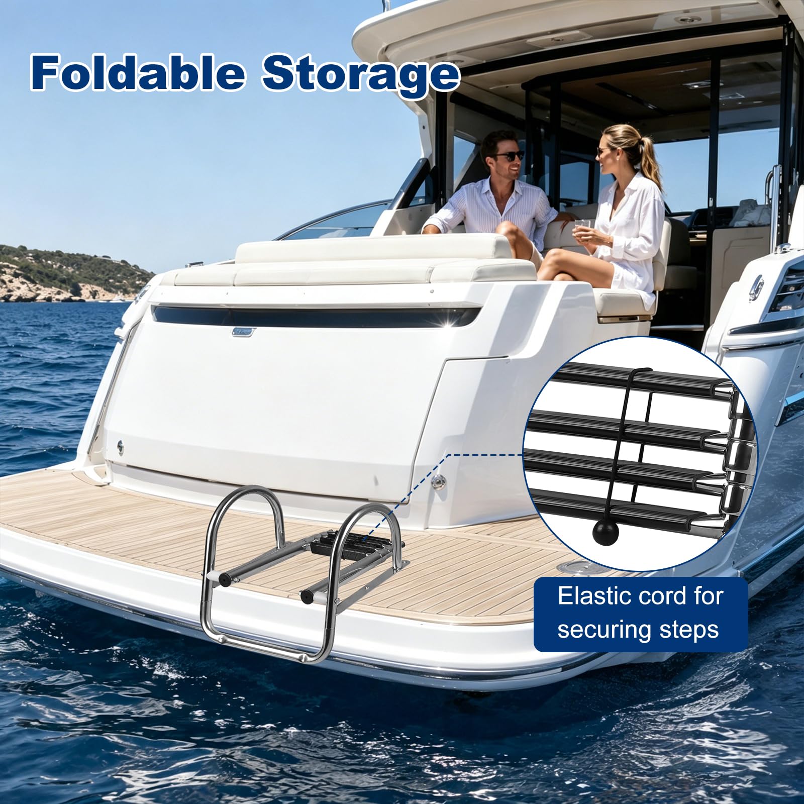 Scaletta per Piscina con 4 Gradini in Acciaio Inox, Scaletta da Barca Pieghevole e Telescopica con Corrimano e Gradini Antiscivolo, per Yacht, Pontone, Molo e Dock, Portata fino a 227kg（S）
