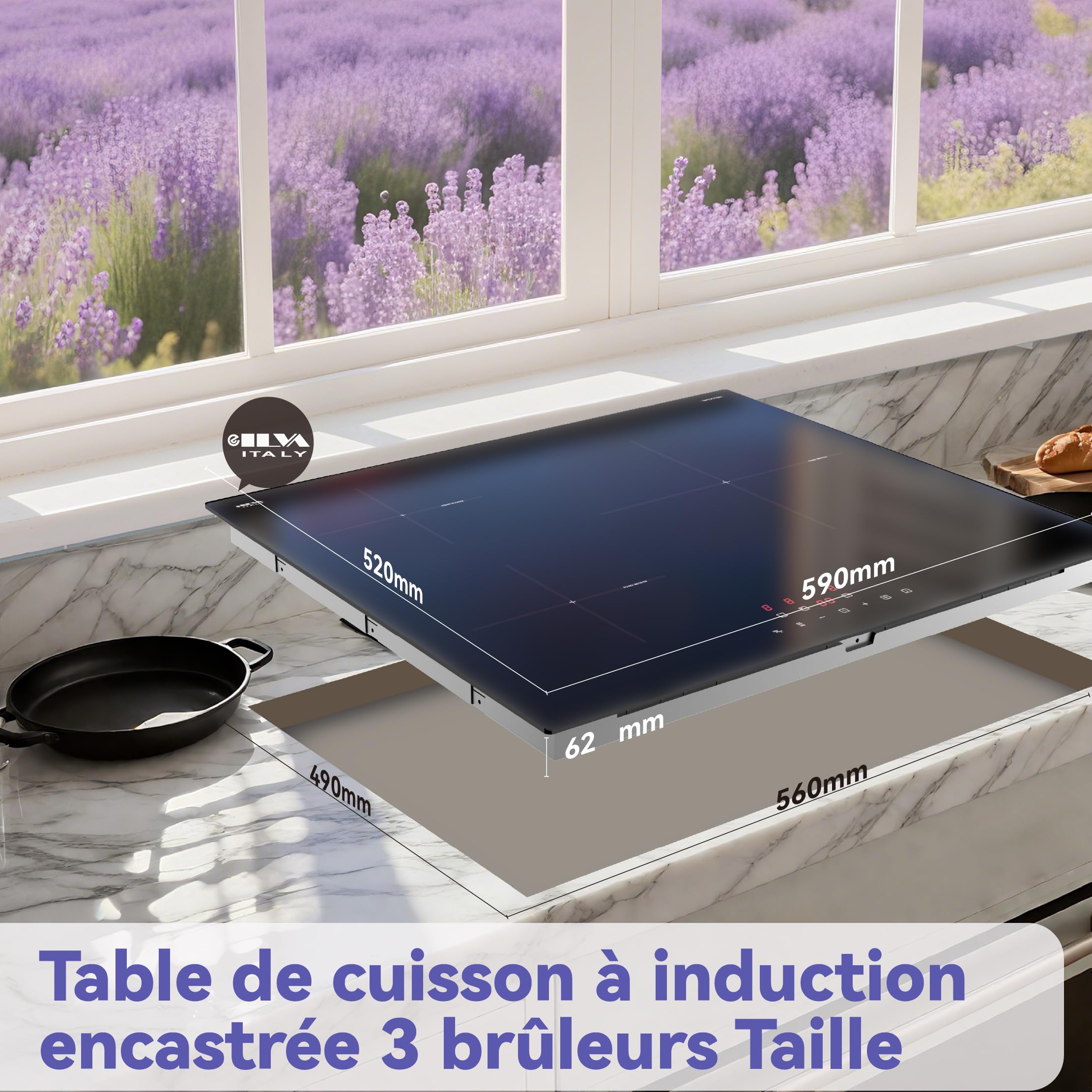 STARCHARTS Plaque Induction 3 Feux Encastrable 6680W 59 cm Italy ILVA Glass Verrouillage Enfant Pause 9 Niveaux Puissance Minuterie 99 min