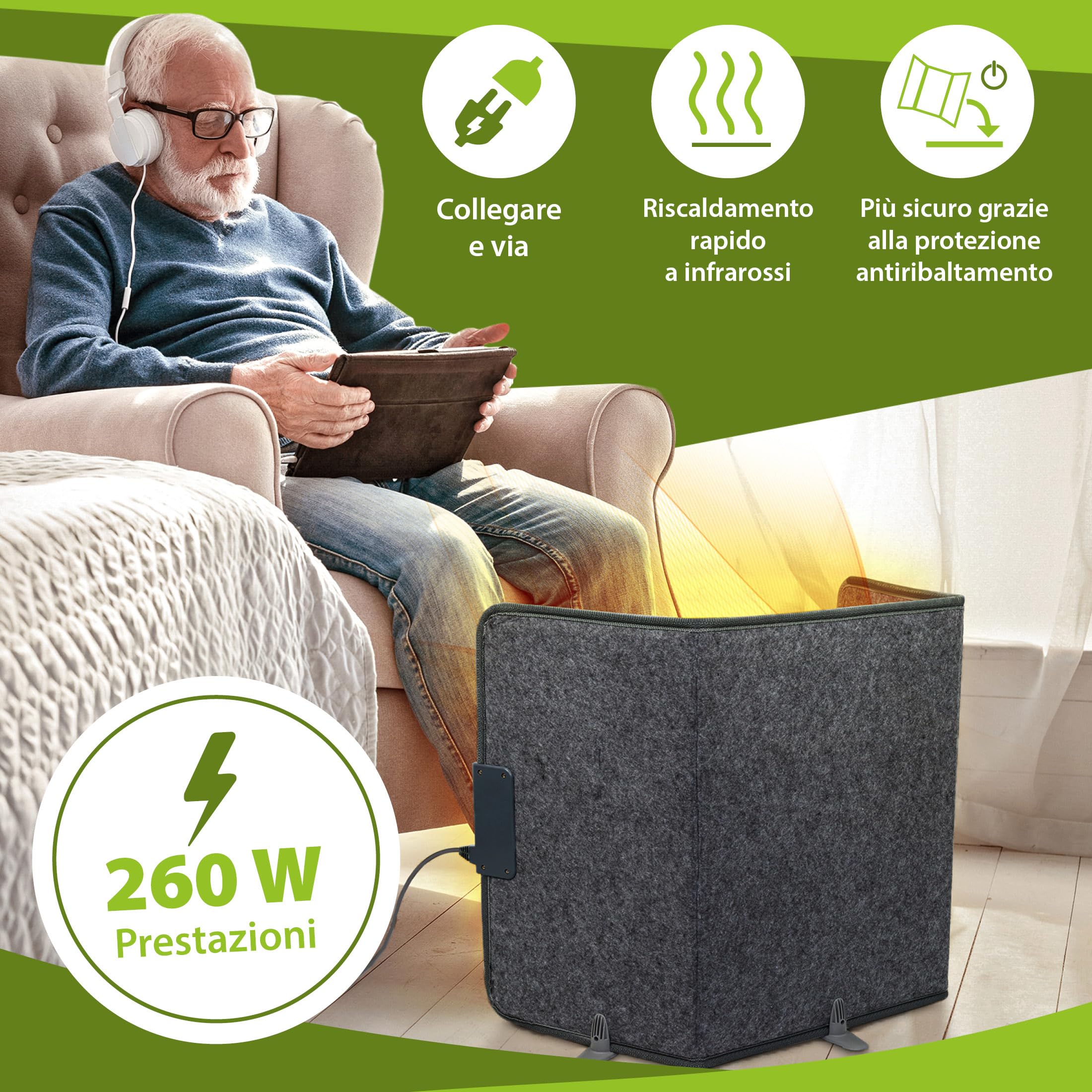 Mi-Heat Pannello Infrarossi Riscaldamento Pieghevole (260W) – Stufa Infrarossi per Home Office e Smart Working – Scaldagambe Elettrico Sotto Scrivania con Timer e 3 Livelli, Grigio