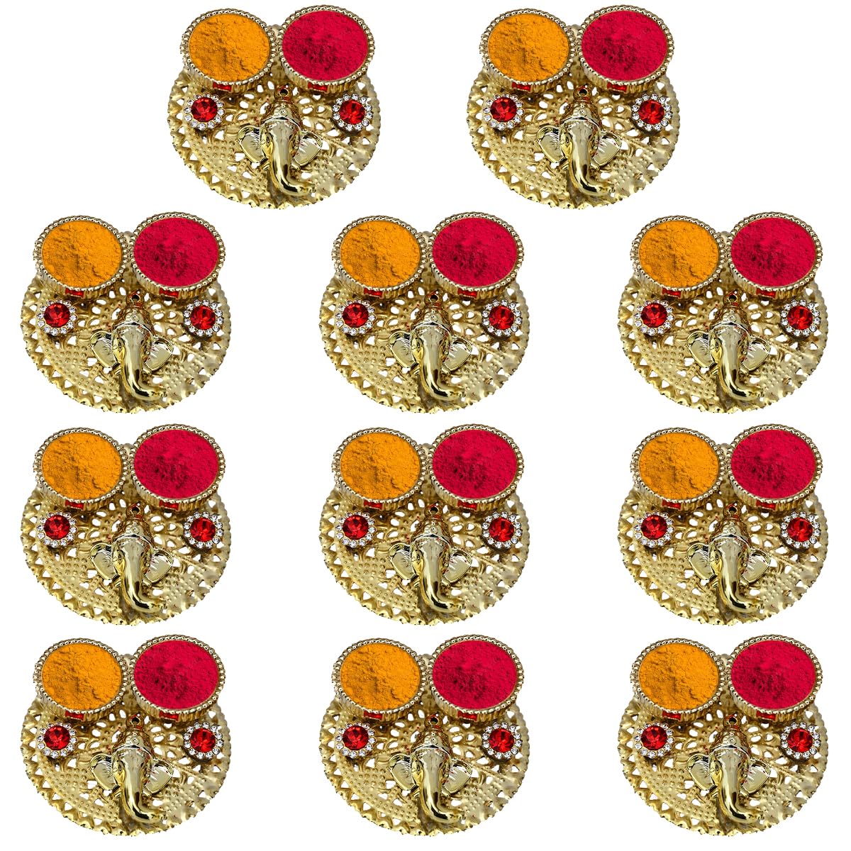 Saugat Traders Return Gifts for Pooja Function Roli Chawal Katori Holder Haldi Kumkum Plate Set of 11 Puja Favors Wedding, Haldi, Mehandi, Diwali, Puja Ceremony Pasupu Kumkuma Packets