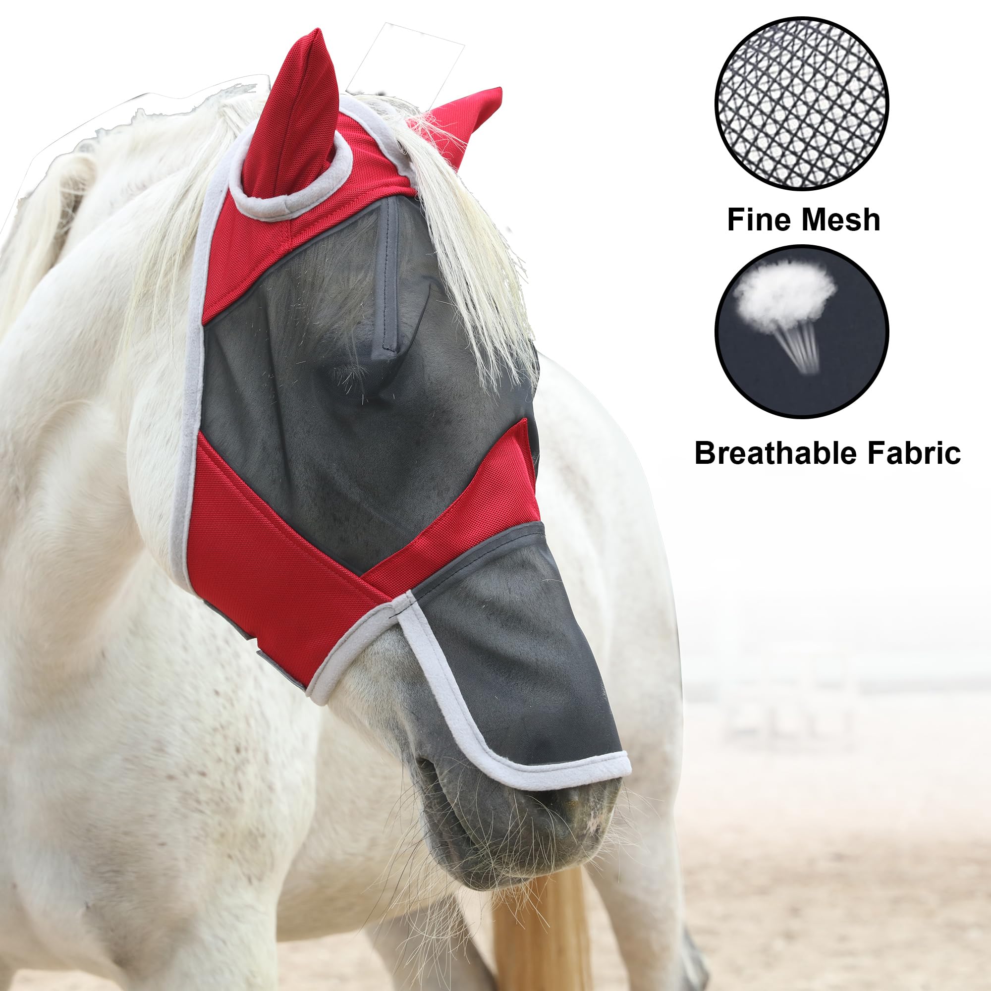 Leberna Fine Mesh Horse Fly Mask Large Eye Space Long Nose with Ears UV Protection for Horse (Red, Full) - Image 3
