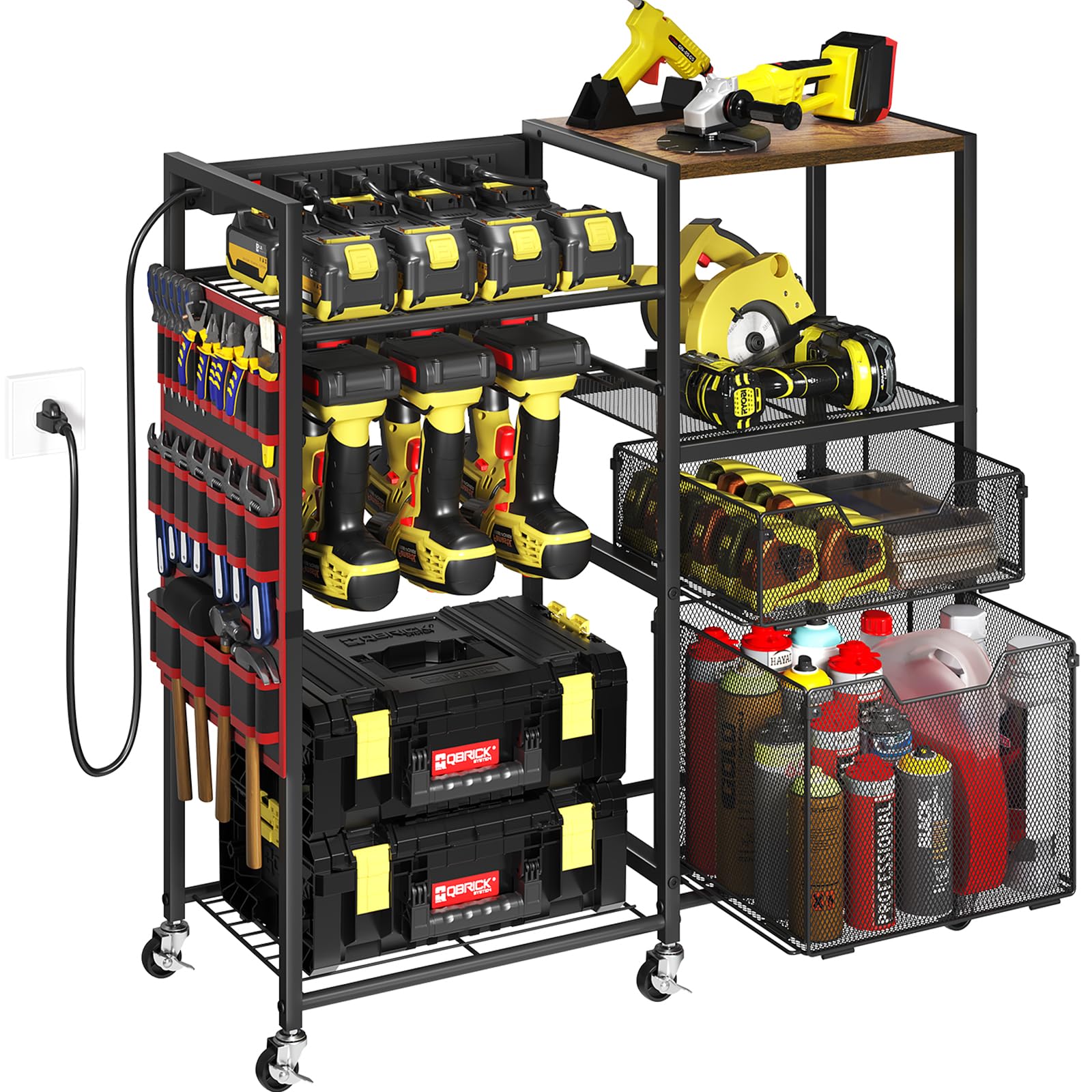 Large Power Tool Organizer Cart with Charging Station, 6 Slots for Cordless Drill Holder with Drawers, Rolling Storage Cart with 8 Power Outlet Heavy Duty Garage Organizer with Wheels for Men