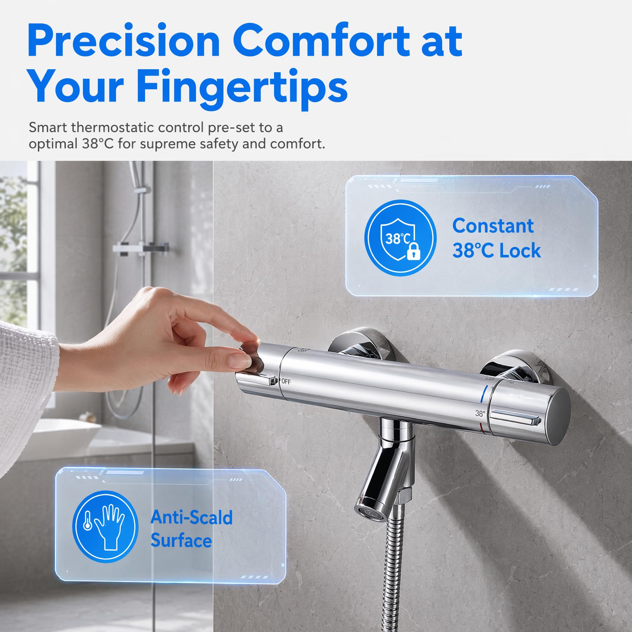 Rubinetto vasca da bagno Miscelatore Termostatico Doccia 38℃ Cromato | Vasca da Bagno Doccia Termostato G 1/2" Rubinetto Doccia a due Uscite Rubinetto doccia Termostatico in Ottone