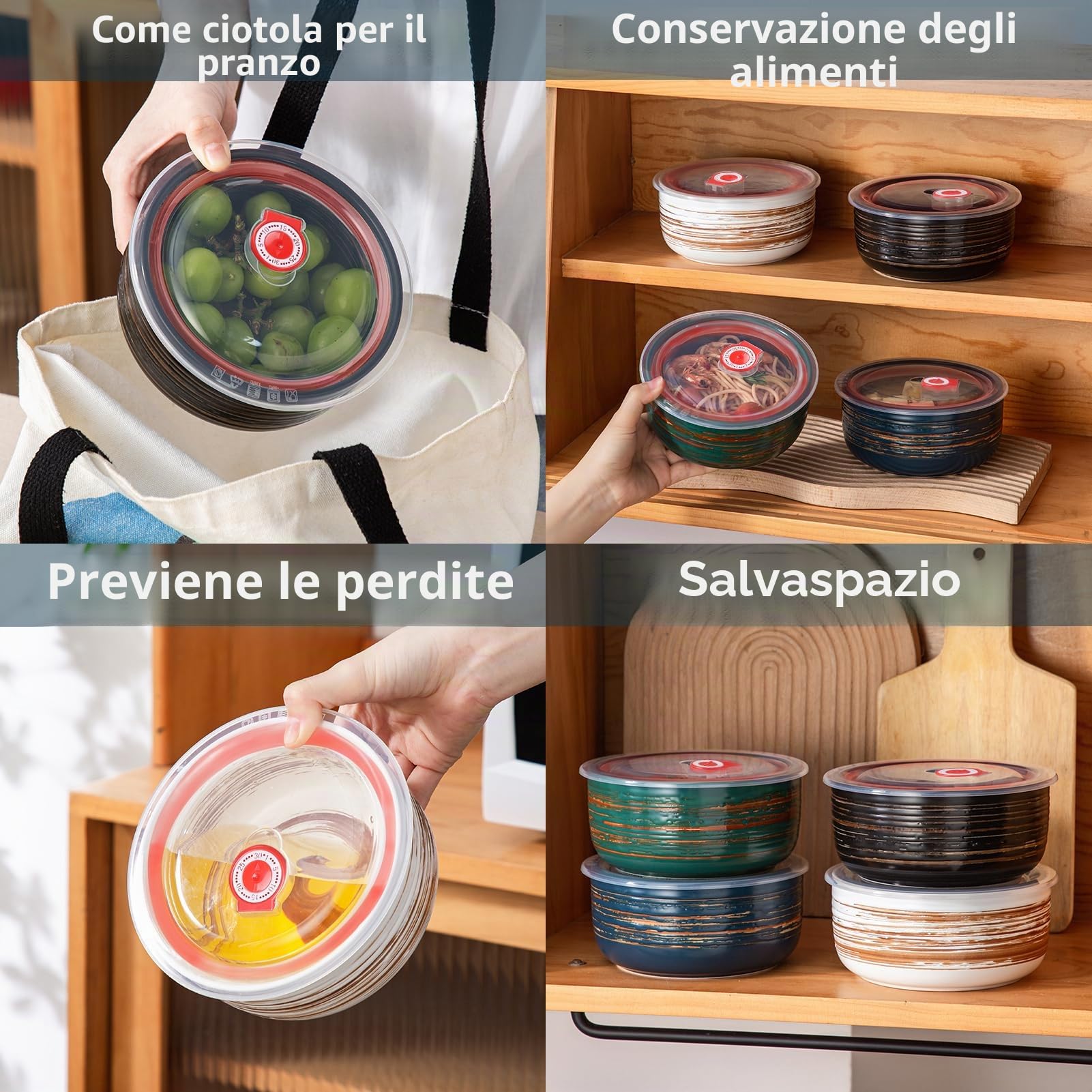 YUN TAO - Set di ciotole in porcellana con coperchio - 15 cm, capacità 650 ml, multicolore - Adatto al microonde, coperchi ermetici per pranzo, picnic, insalata e conservazione degli alimenti