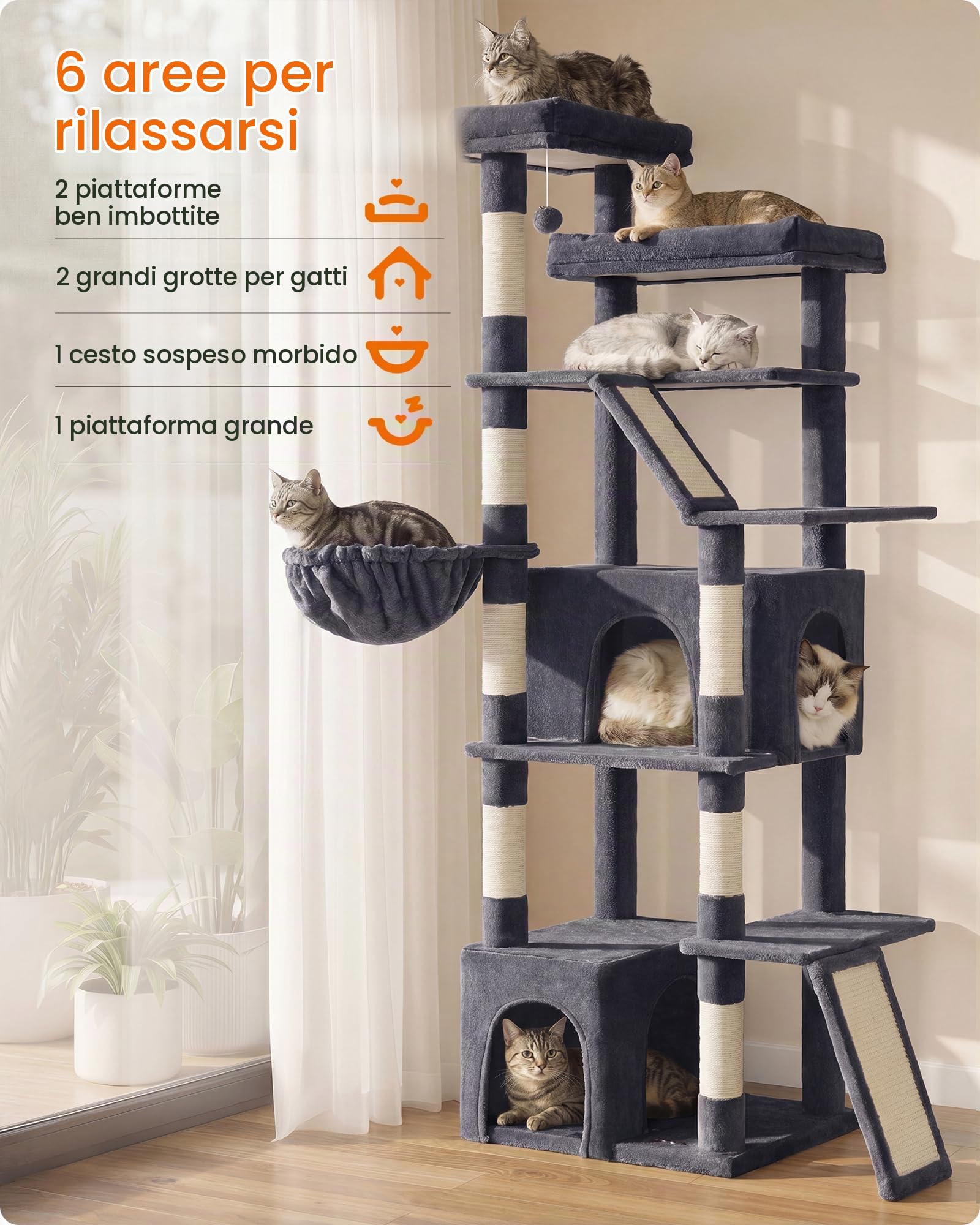 Feandrea Albero per Gatti XL, Tiragraffi per Più Gatti, 55 x 45 x 184,5 cm | 2 Graffiatoi e 7 Tronchi in Sisal, 7 Aree di Riposo, Grigio Scuro, COLLEZIONE CLAWFY PCT014G201
