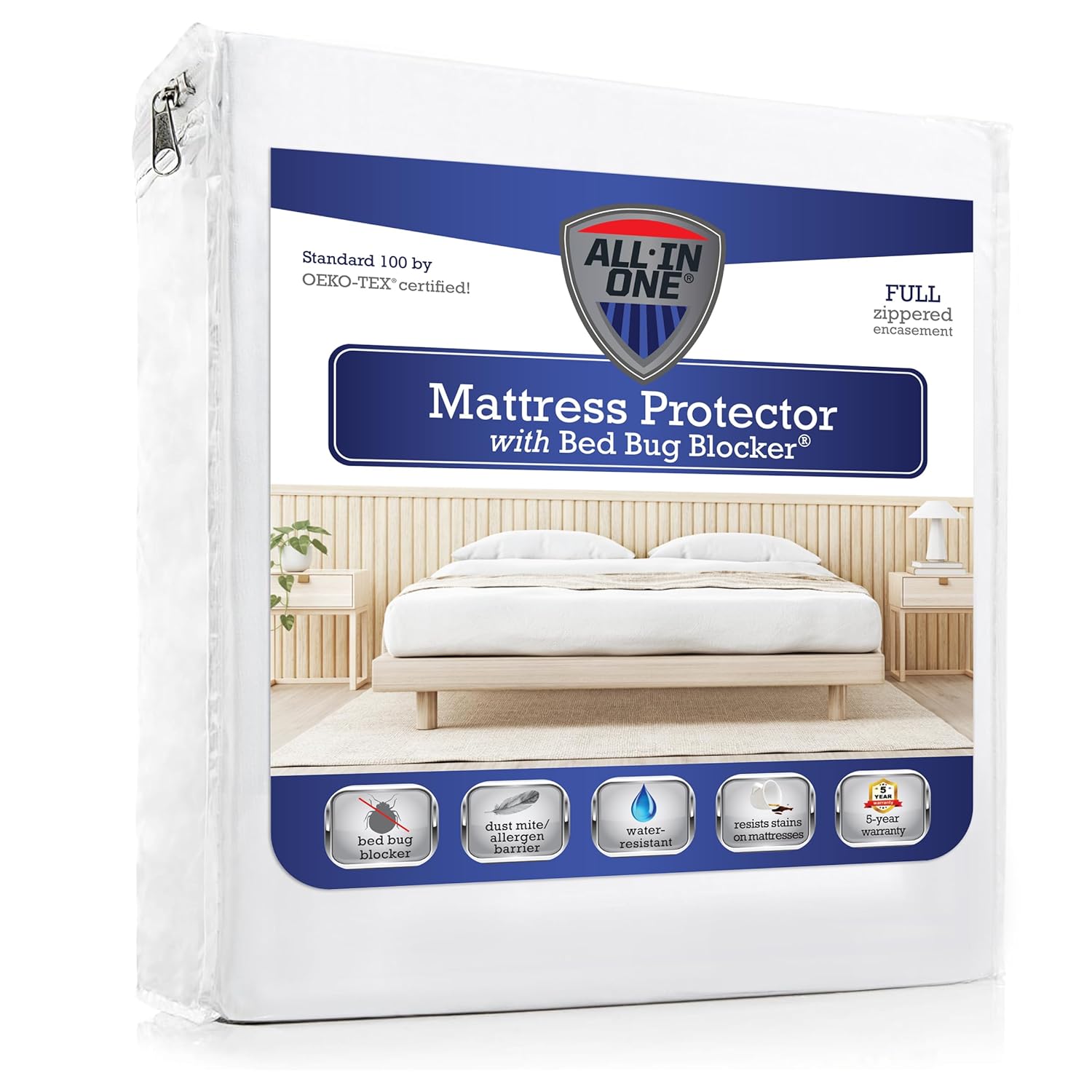 All-in-One Mattress Protector, Zippered Encasement, Water & Stain Resistant, Triple Seal Protection, Full, White Full Solid