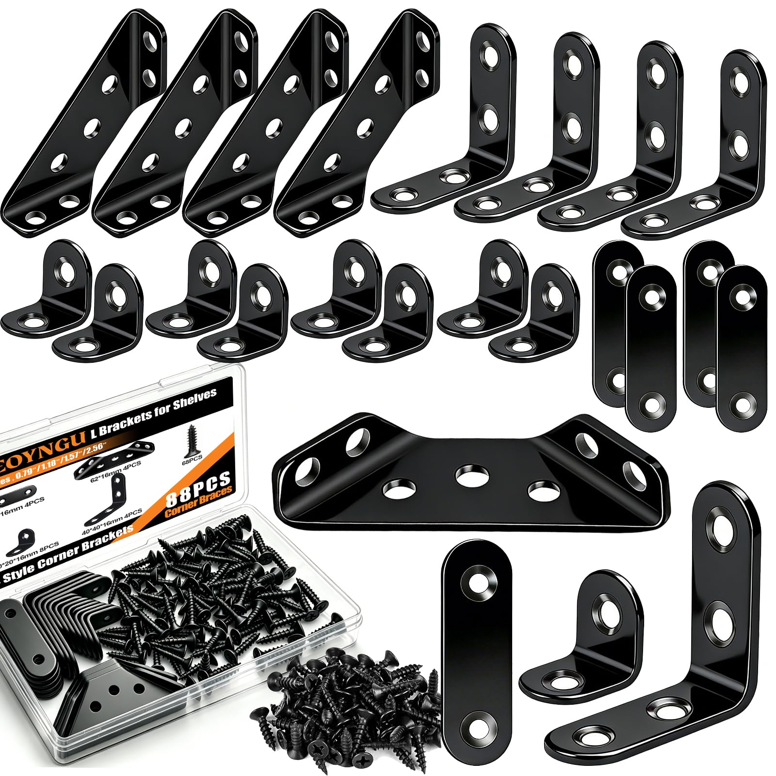88PCS L Brackets for Shelves,4 Sizes Angle Corner Braces Metal L Bracket Heavy Duty for Wood,Stainless Steel Furniture Corner Connector, Corner Brackets for Wood (0.97",1.55",2.44")