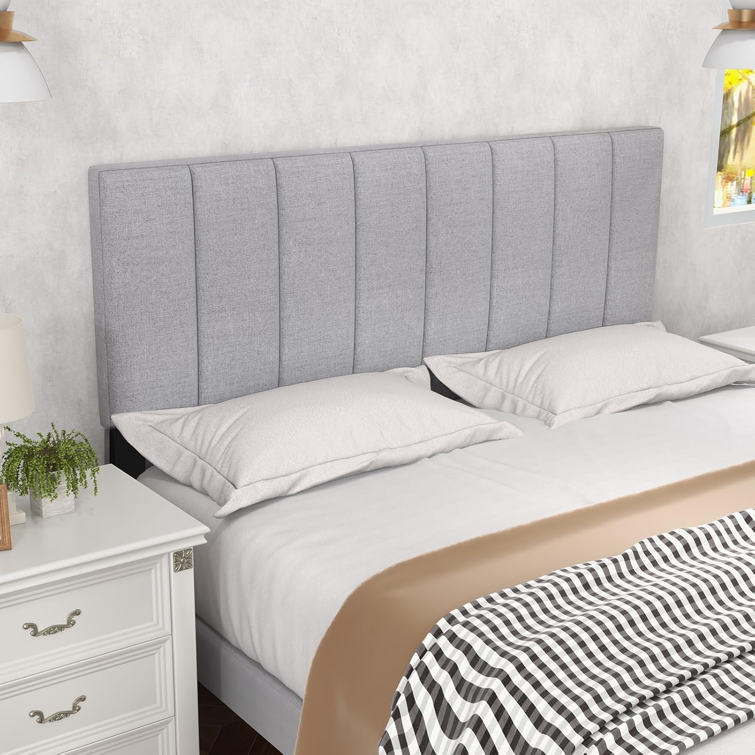 Giantex Linen Upholstered Headboard, Adjustable Width Button Tufted Headboard Only with Solid Wood Legs, Attach Frame, Modern Headboards for Queen Full Size Bed, Gray