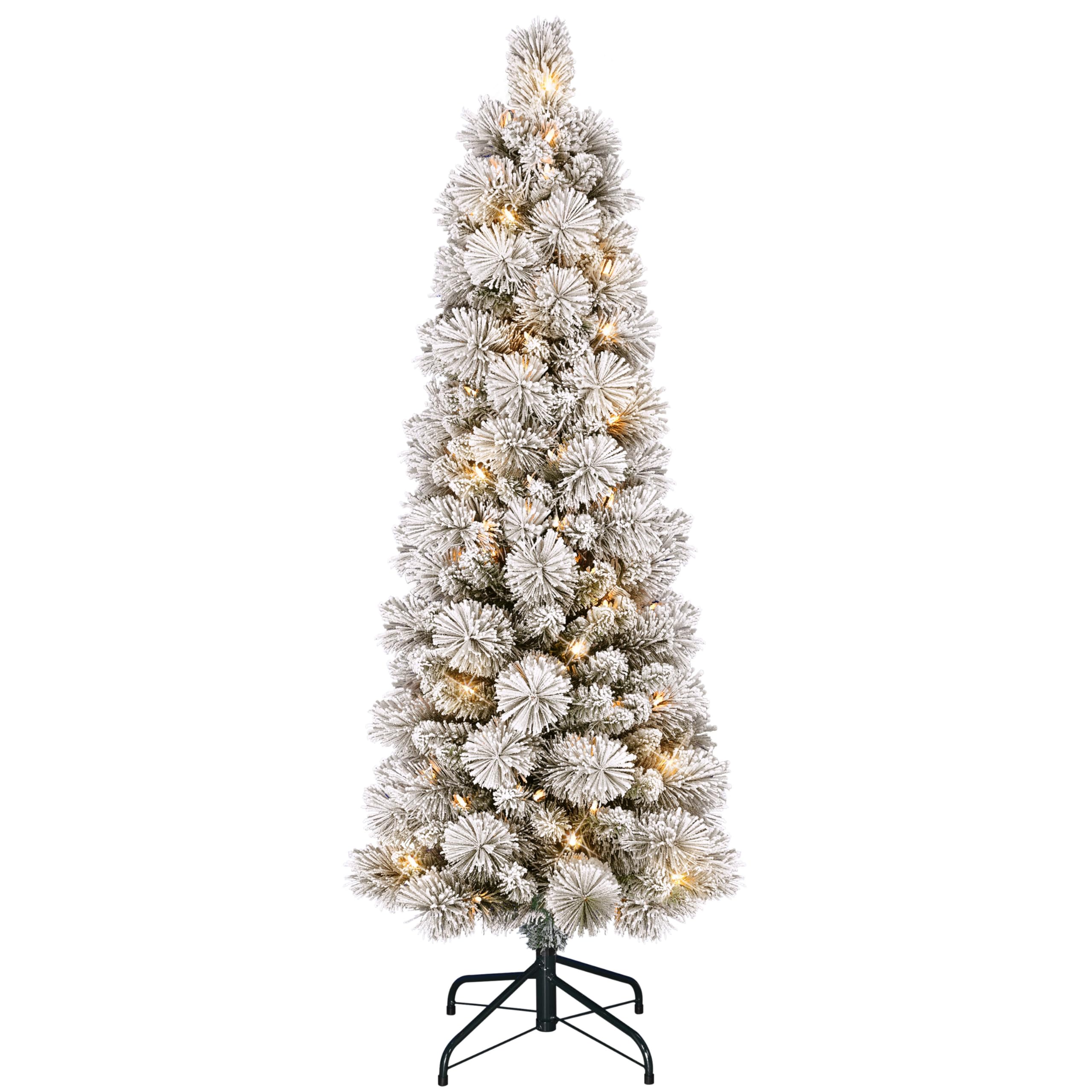 4.5ft Pre-Lit Flocked Portland Pine Pencil Christmas Tree with 100 Clear Lights, 195 Realistic Dense Snow Flocked Branch Tips, Easy Setup Artificial Trees with Sturdy Metal Stand