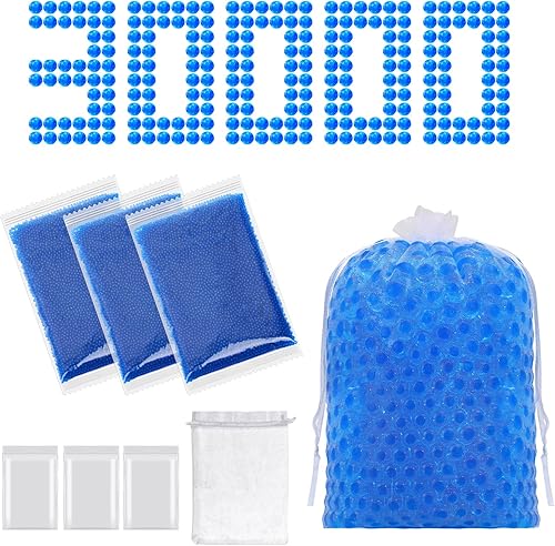 DESELL Munición de pistola de bolas de salpicaduras 30000 balas de agua munición de gel con bolsas de malla y 3 unidades de soporte de bolsas de