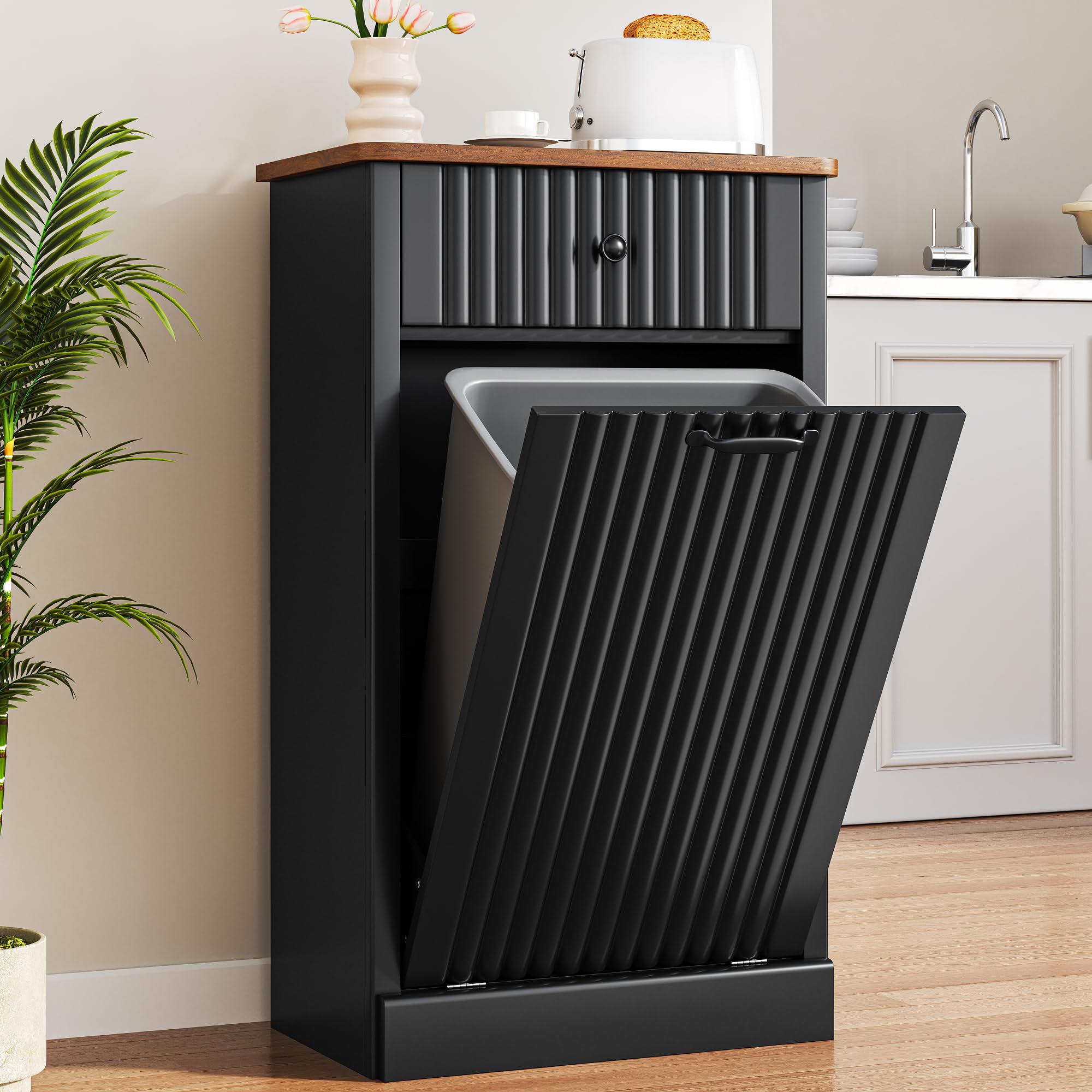 Tilt Out Trash Can Cabinet 10 Gallon Wooden Kitchen Trash Cabinet with Hidden Drawer Garbage Recycling Trash Can