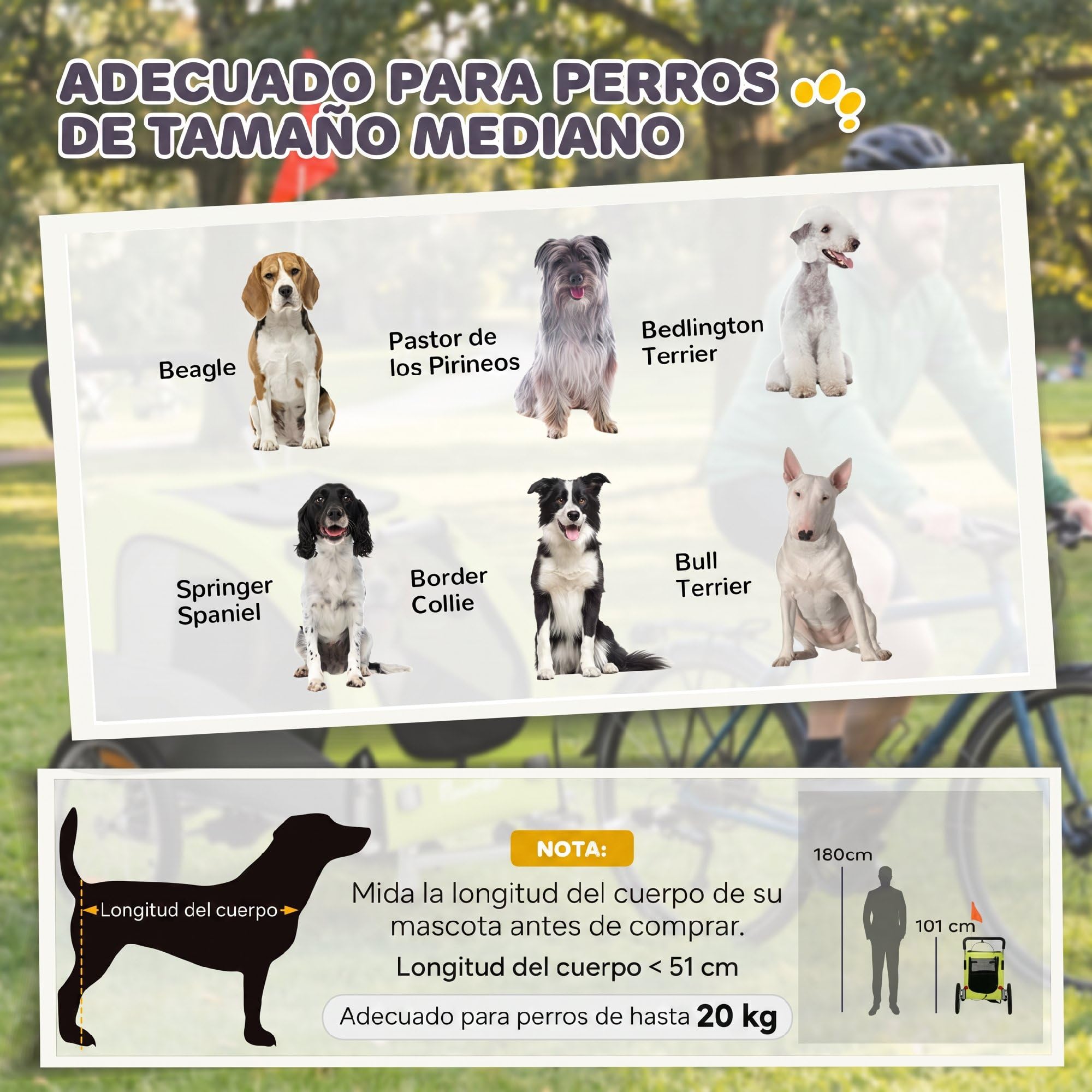 PawHut Remolque de Bicicleta Perros 2 en 1, Carrito para Perros Medianos y Gatos Plegable con Suspensión, Neumáticos Grandes, Ventanas de Malla, Freno de Mano, Reflectores, Bandera, Verde