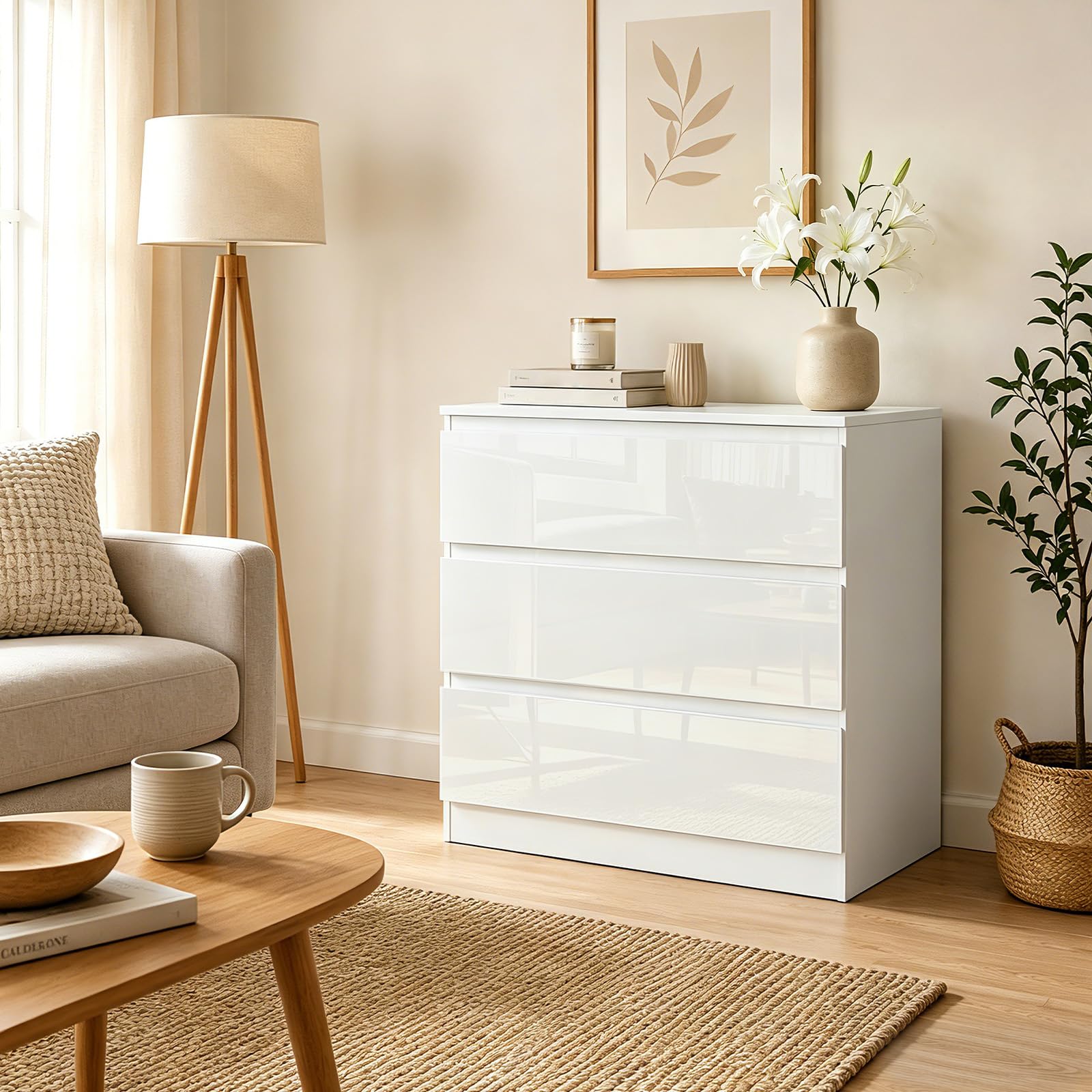 WOLTU Kommode mit 3 Schubladen, platzsparender Kommodenschrank | Sideboard in Hochglanz Weiß, für Wohnzimmer Schlafzimmer Büro, 80 x 78 x 48 cm