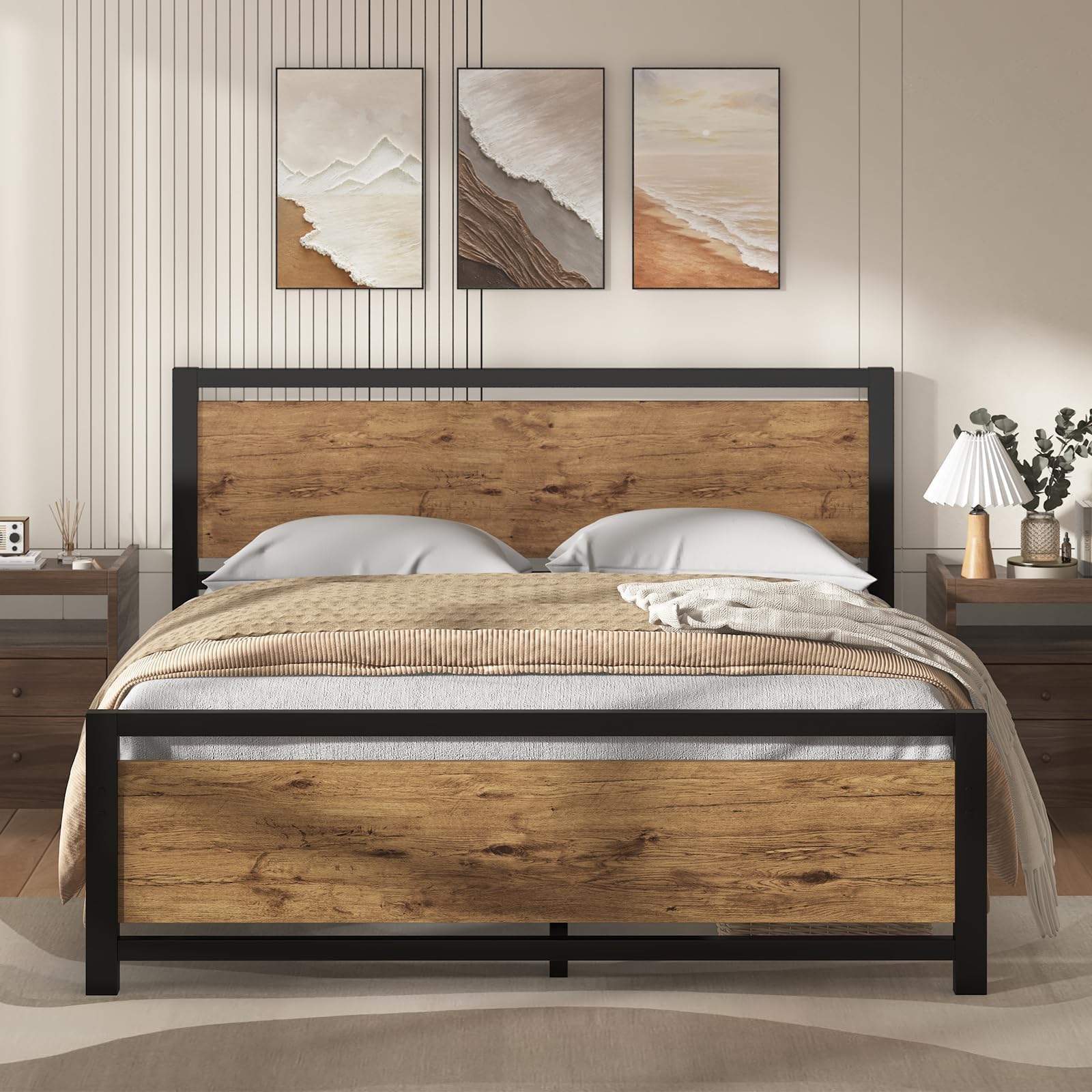 IMMERSTABLE Queen Bed Frame with Headboard, Industrial Style Bed Frame Queen Size, Queen Size Bed Frame with Wooden Footboard, No Box Spring Needed,