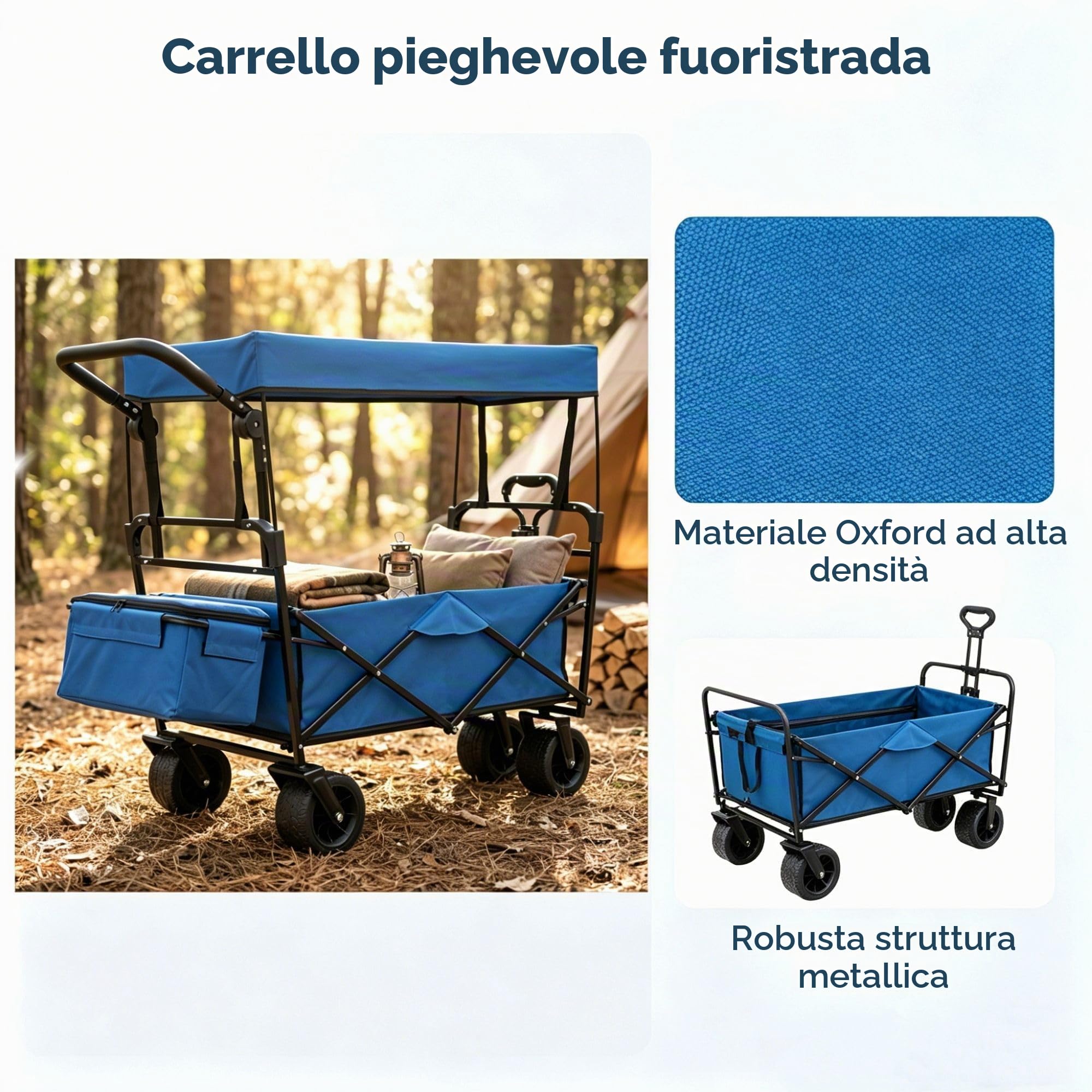 SOARS Carrello Spiaggia Pieghevole con Tetto, Carrello da Trasporto con Ruote Grandi e Borsa Portatutto, Carrello da Campeggio e Giardino, in Acciao Resistente, Chiusura Rapida, 100 KG, 100L (Blu)