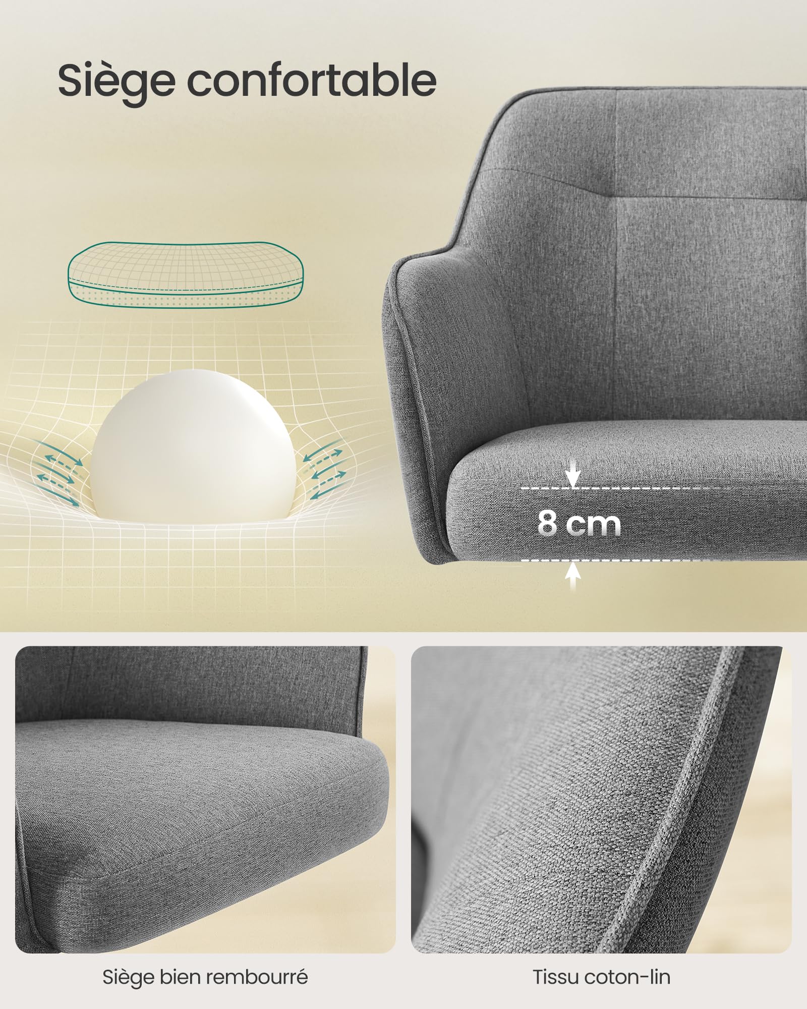 SONGMICS Chaise de Bureau, Fauteuil Ergonomique, Siège Pivotant, Réglable en Hauteur, Capacité 110 kg, Cadre en Acier, Tissu en Coton-Lin Respirant, pour Bureau, Chambre, Gris OBG019G01