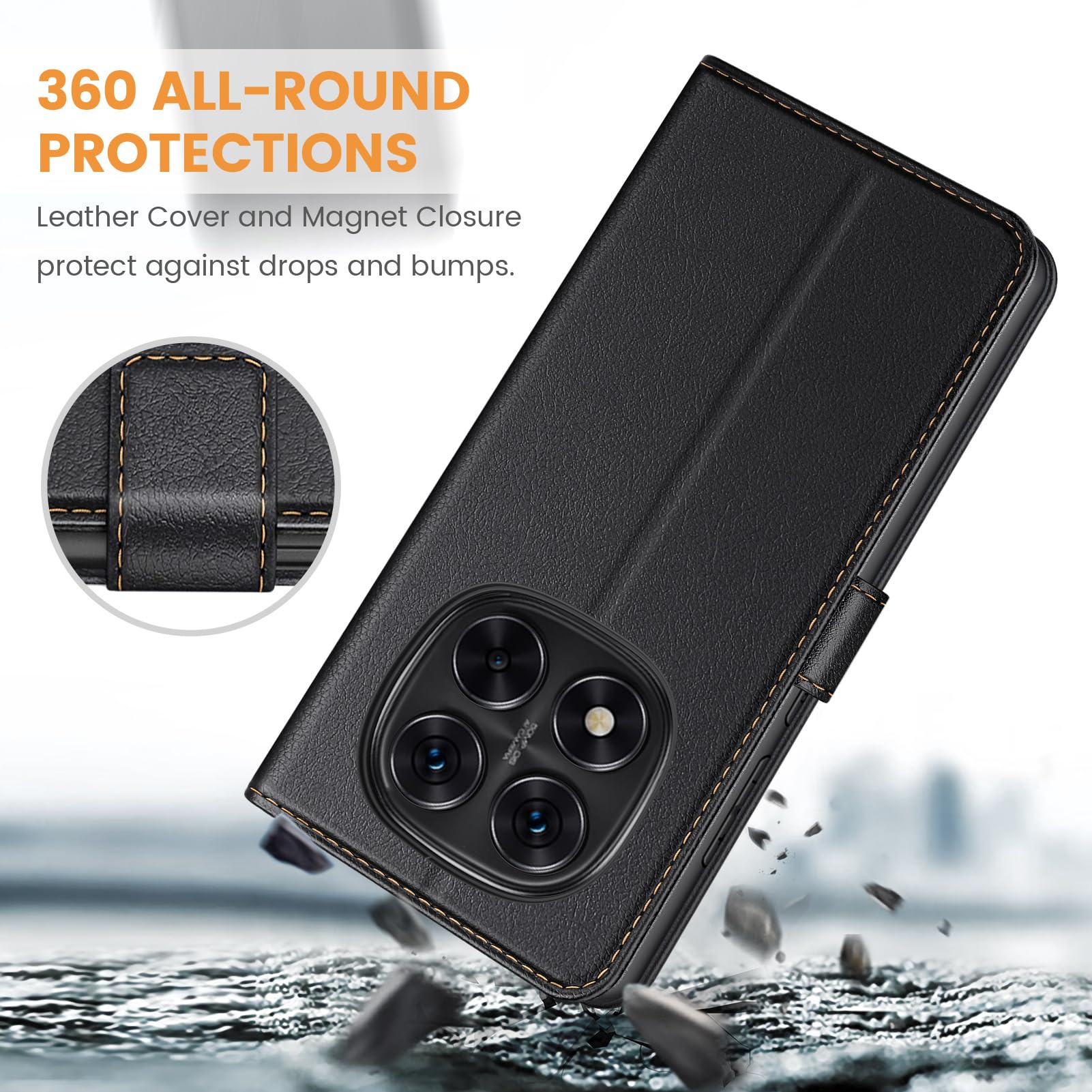 Ganbary Etui kompatybilne z Xiaomi Redmi Note 14 Pro 5G (nie dla 4G), wysokiej jakości etui z klapką ze skóry PU [pełna ochrona] [przegródki na karty] [podpórka], czarne