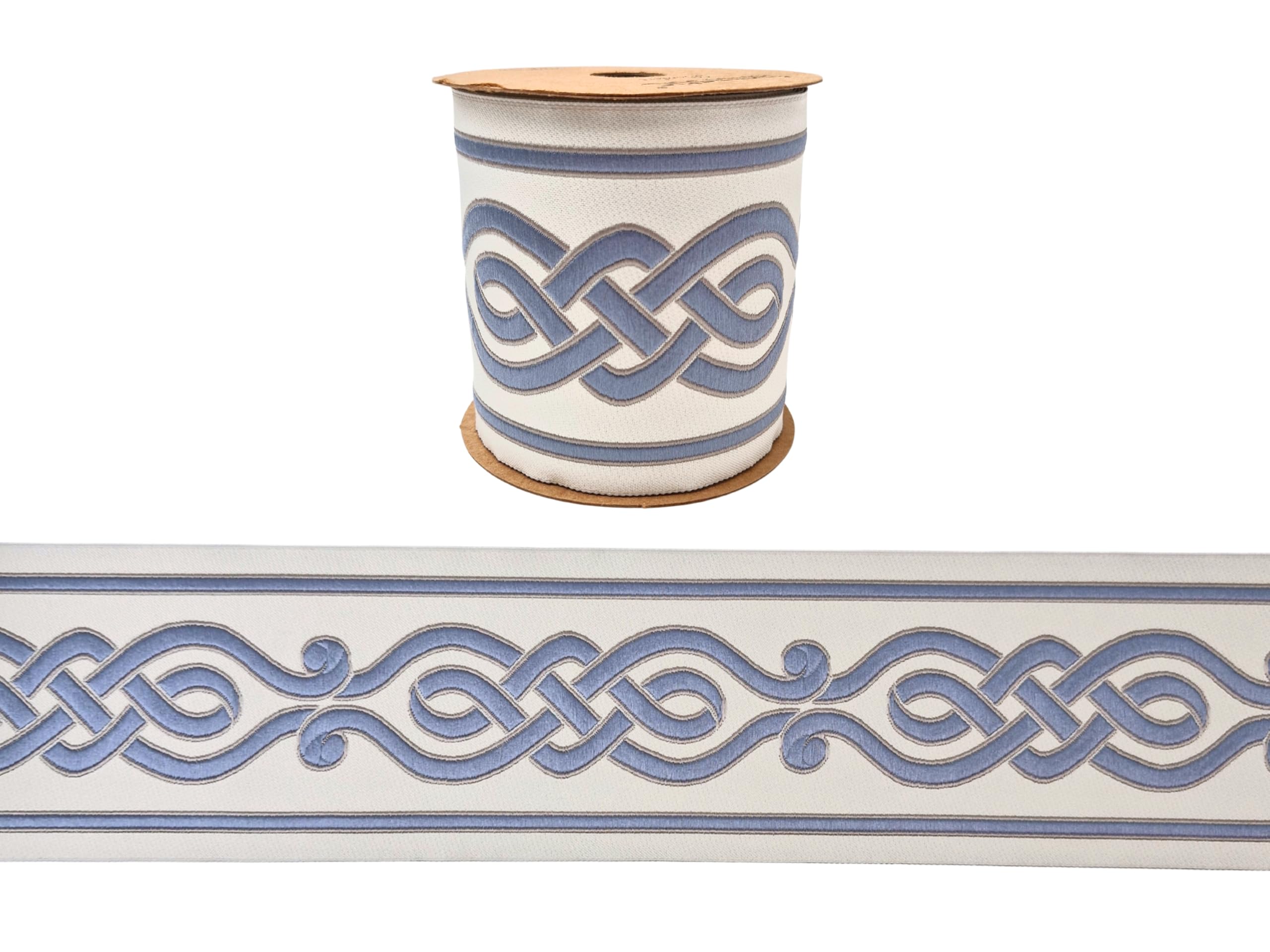 Besticktes Gardinenband, 100 mm, keltisches Muster, ideal für Vorhänge, Tapisserie, Nähen und Dekoration, 3,5 m, puderblau und elfenbeinfarben