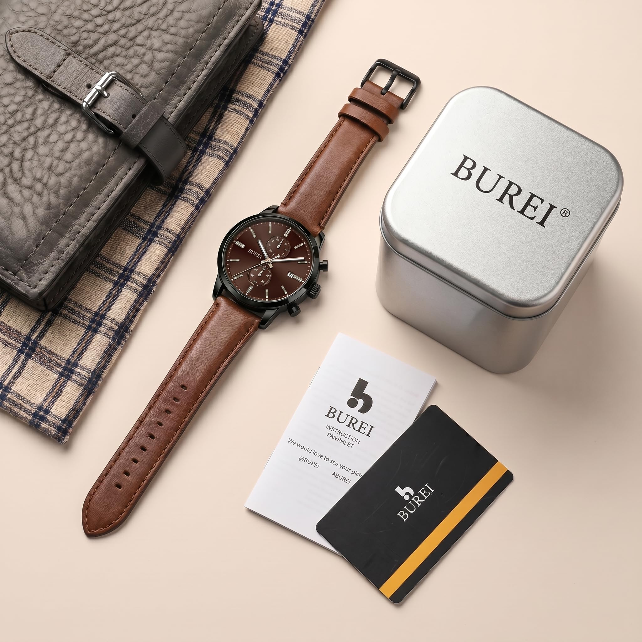 BUREI Orologi da uomo cronografo giapponese al quarzo impermeabile orologio da polso uomo cinturino in pelle business casual sport data orologio per uomini