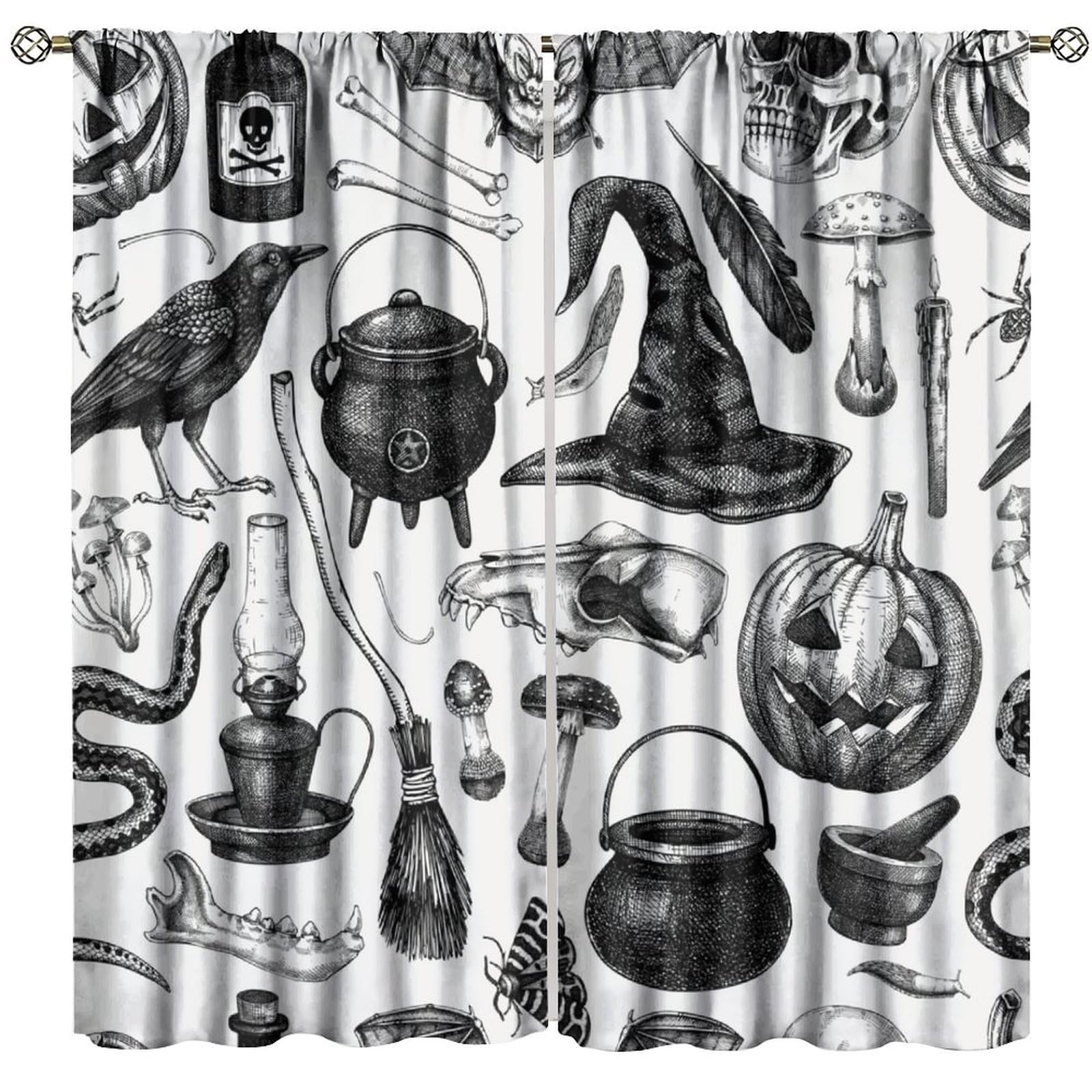 BenYaSong Magical Wizard Blackout Window Curtains,Skulls Bones Pumpkin Poisonous Mushrooms Snakes Raven Sketches for Home Kitchen Restaurant Decoration Window Drapes 2Panel 42" W X 63" L