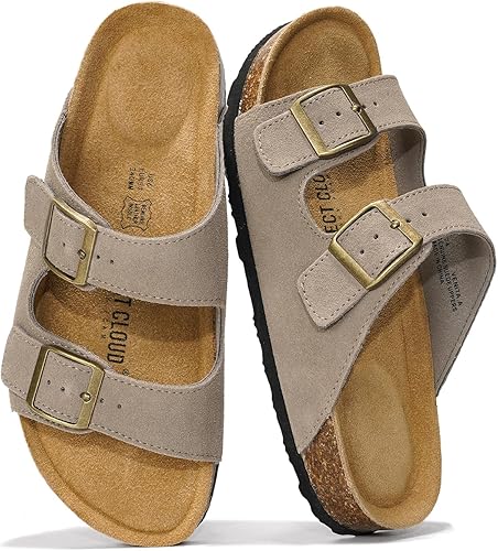 Vista 6 de Project Cloud - Sandalias planas de cuero auténtico para mujer, esenciales para la playa, sandalias de espuma viscoelástica, esenciales para Canela