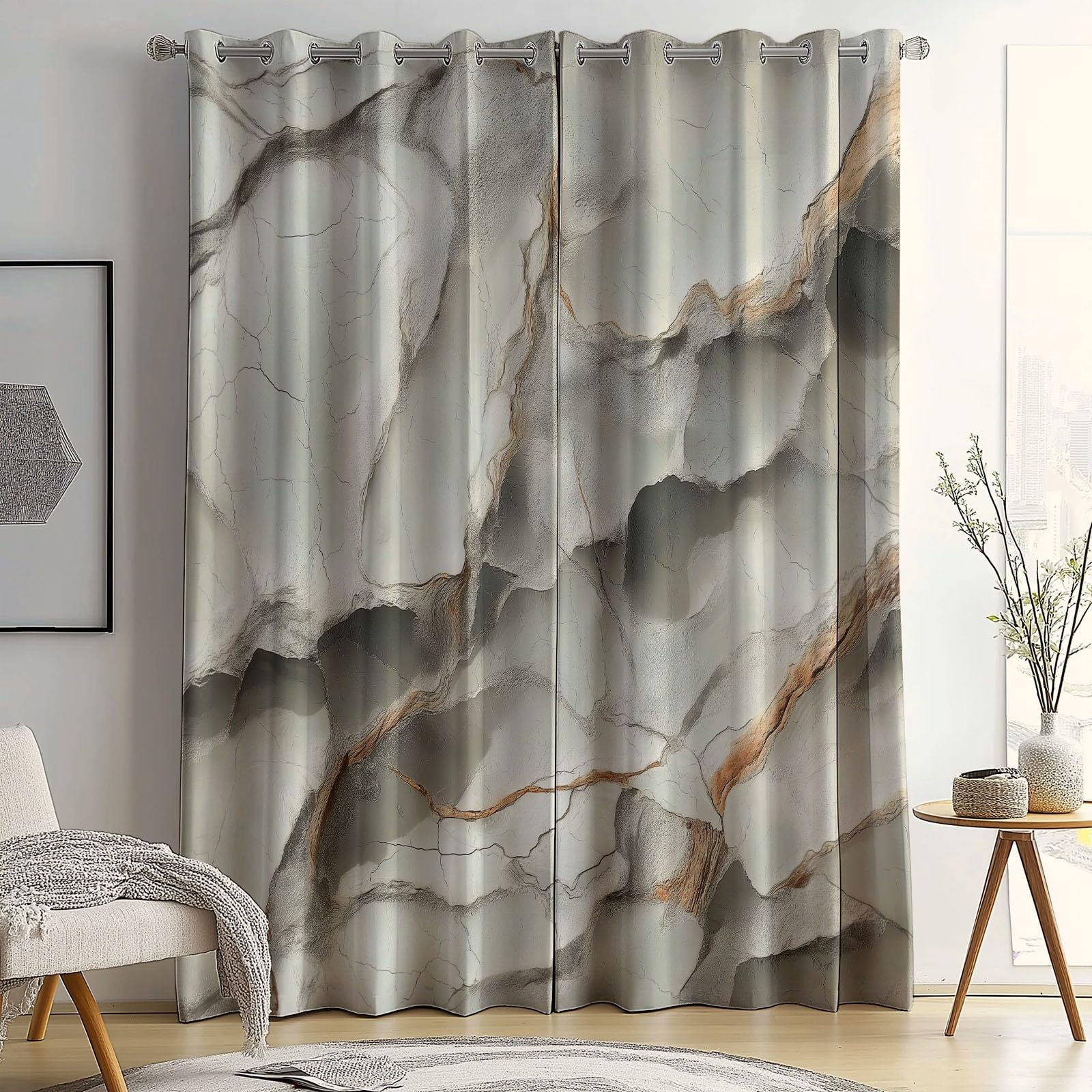 Isolant Anti-Froid Épais, Rideaux Thermiques 91.5L X 160H cm (2 Panneaux), Plis De Marbre Abstraits pour Chambre d'enfant, Gris Clair