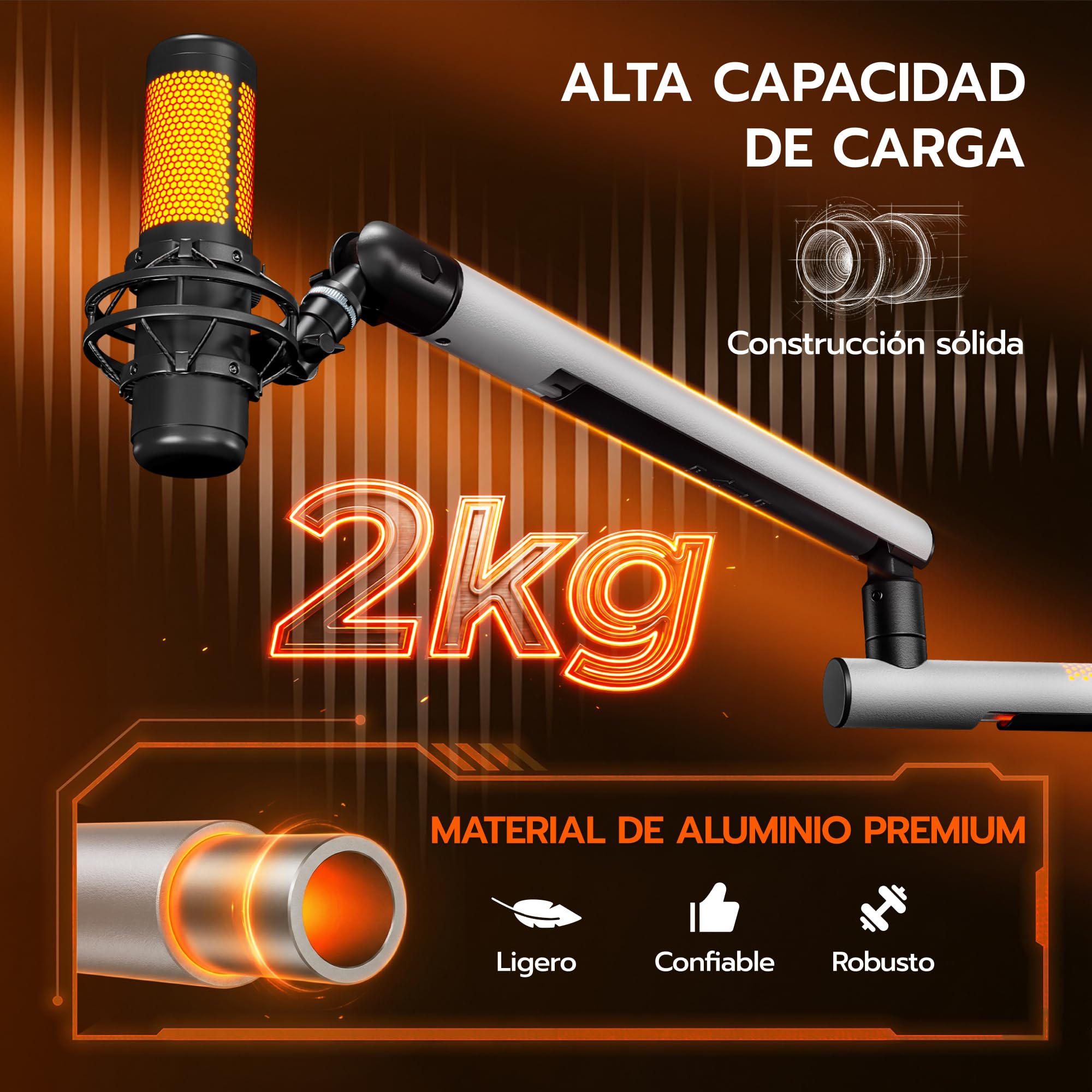ARES WING Brazo de micrófono para videojuegos con luz RGB | soporte para micrófono con brazo giratorio giratorio de 360°, compatible con adaptador de 3/8" a 5/8", ideal para podcast