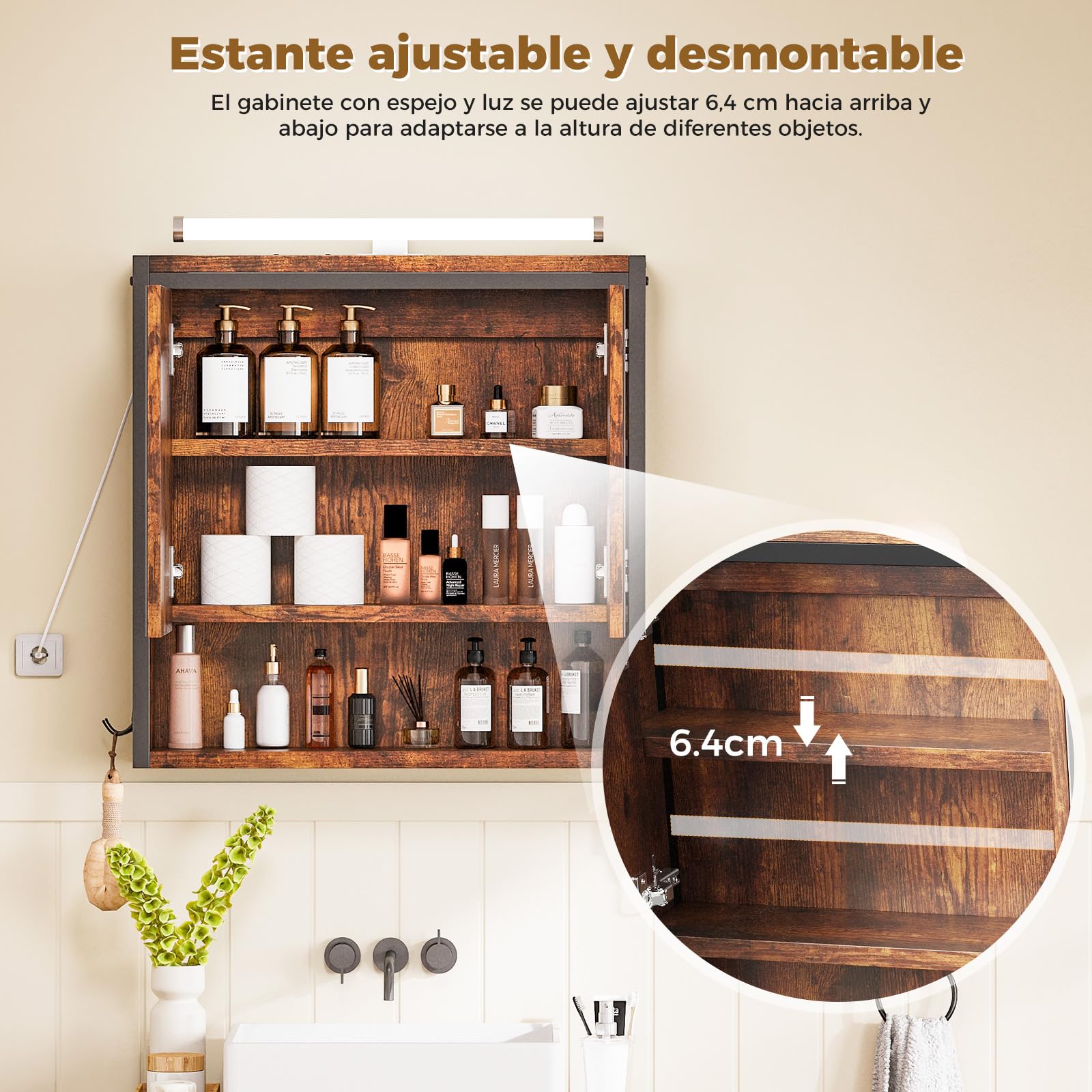ELUCHANG Armario Espejo Baño con Luz,Mueble Baño,Rmario Colgante con Iluminacion, Mueble Baño con Espejo, 3 Compartimientos de Almacenaje, Estante Interior Ajustable, Vintage+Negro, 60x13x60 cm