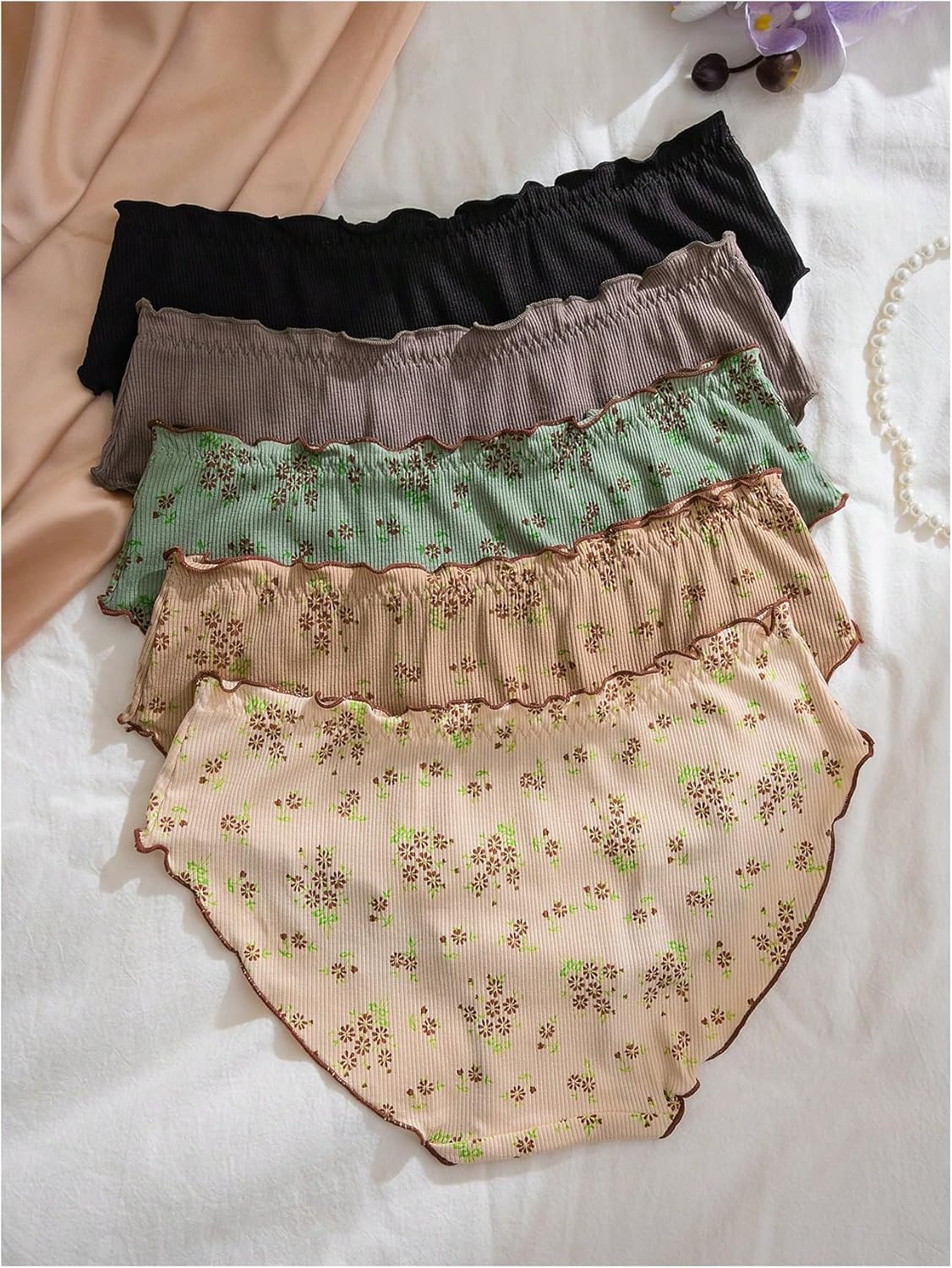 SHENHE Women's 5 Pack Bow Panties Briefs Mid Rise Breathable Soft Lettuce Trim Frilly Underwear - Image 2