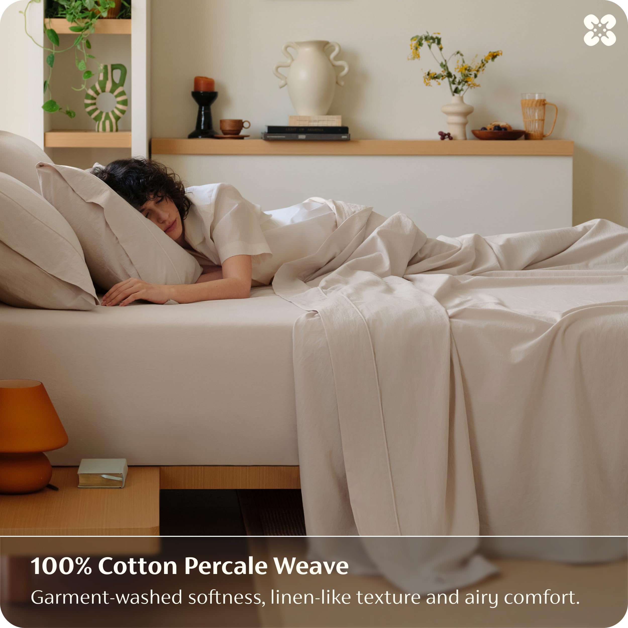 Bedsure 100% Washed Cotton Percale Sheets Queen Size - Linen Like Textured 6-Piece Bedsheet Set with 18" Deep Pocket, Breathable & PureWoven Soft Comfy (Linen, Queen) - 5