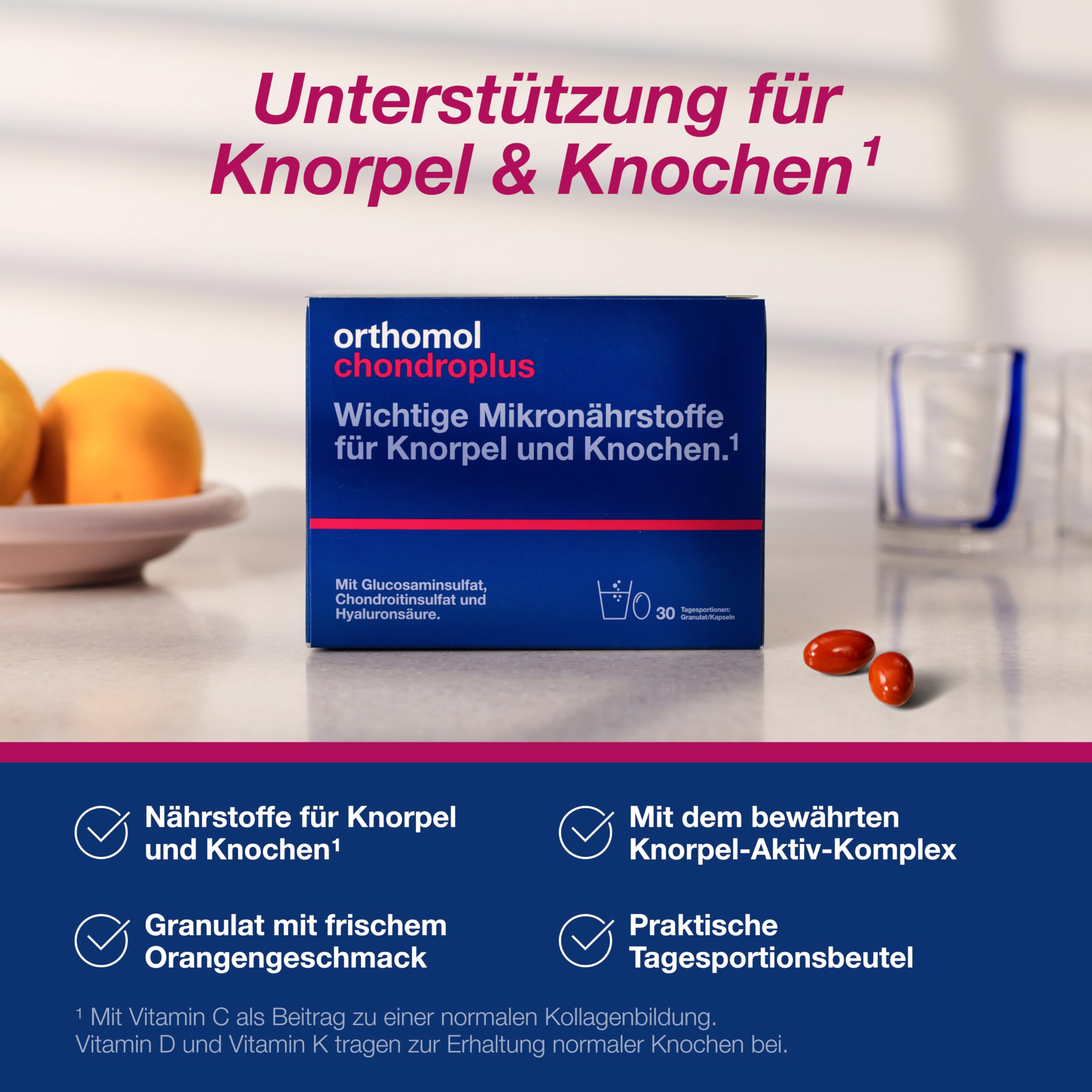 Orthomol chondroplus - Nährstoffe für Knorpel und Knochen - mit Glucosamin, Chondroitinsulfat und Hyaluronsäure - Granulat/Kapseln, 30 pc Portions quotidiennes