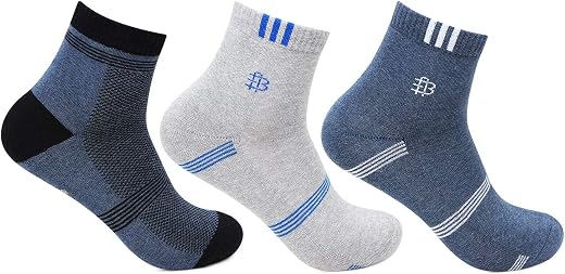 Bonjour Men's Ankle Length Cotton & Spandex Socks (Pack of 3) (BRO3111-PO3_Multicolored)