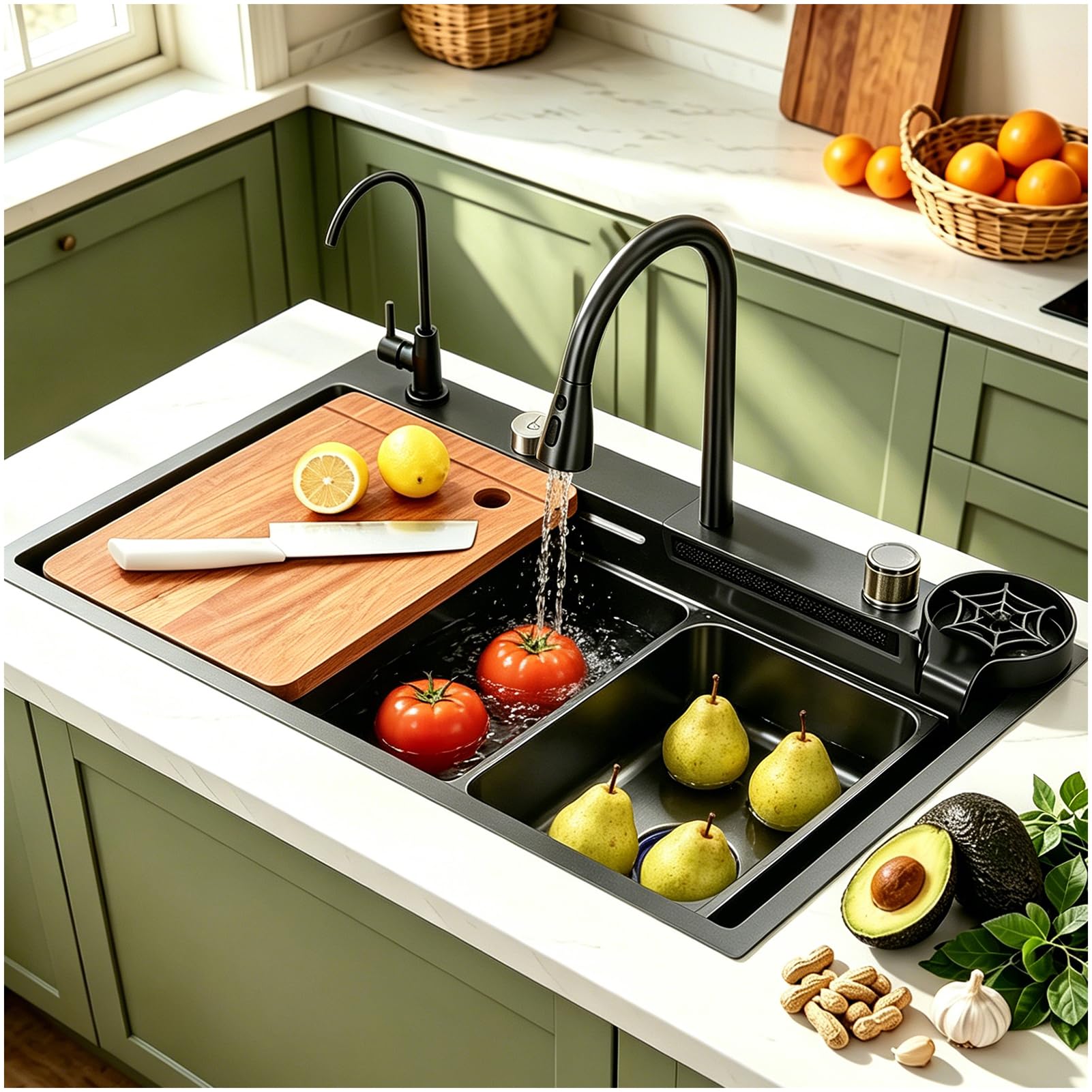 ZQFHSX 65 x 50 cm, Kitchen Sink, Waterfall, Stainless Steel, Black, Gray, 1 Basin, Large Countertop, With Pullout Faucet, 2 Drainers, Cutting Board, Soap Dispenser, Dishwasher for