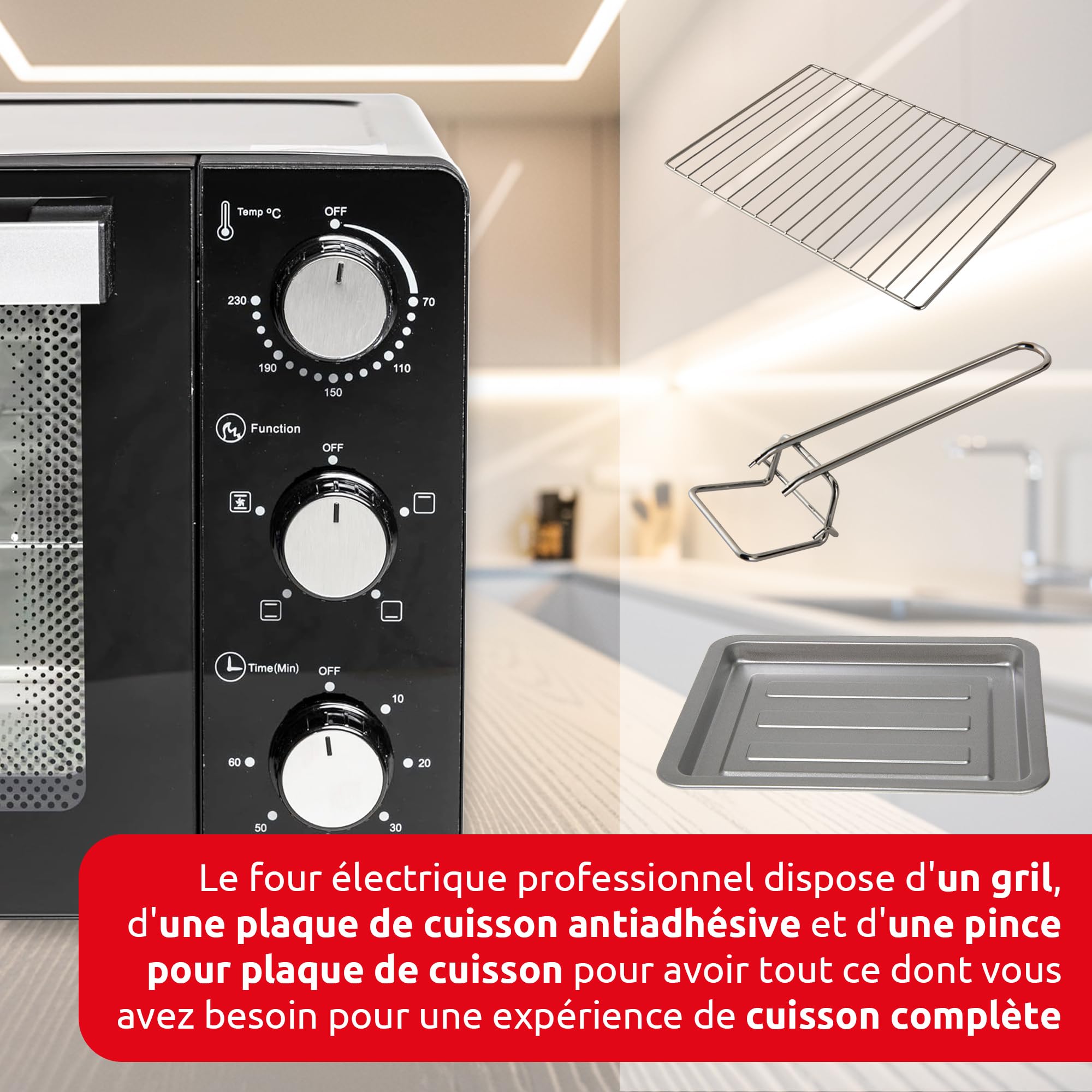 Melchioni Family | Four électrique Ventilé DEVIL, Capacité 32 litres, 3 Modes de Cuisson, Minuterie 60 minutes, 1500W, Double Vitre, Lumière Interne et Température jusqu'à 230° C, 49 X 44 X 305 cm
