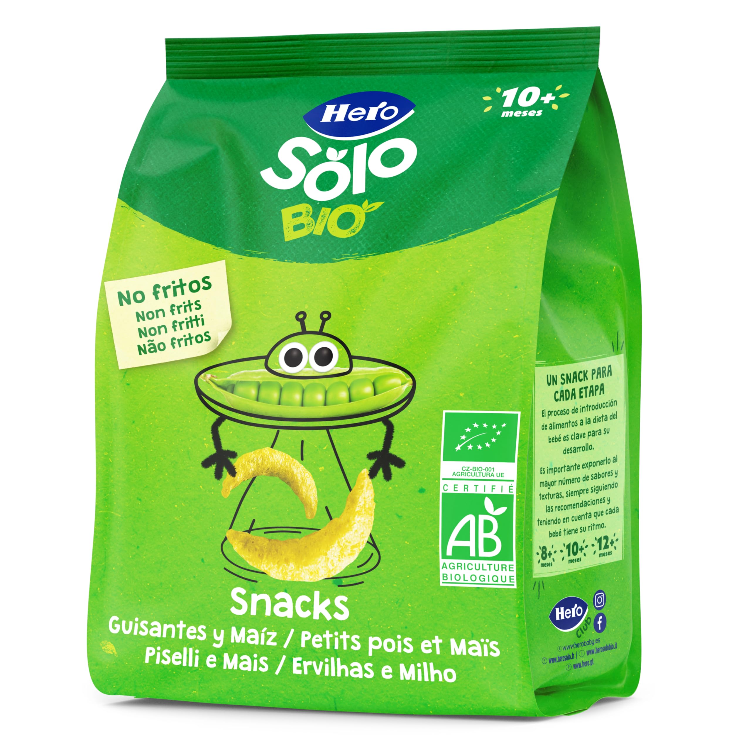 Hero Solo - Snack de Guisantes y Maíz, 100% ECO, BIO, con Ingredientes de Agricultura Ecológica y UE, No Fritos, Apto para Bebés a Partir de 10 Meses - Pack de 6 x 40 g