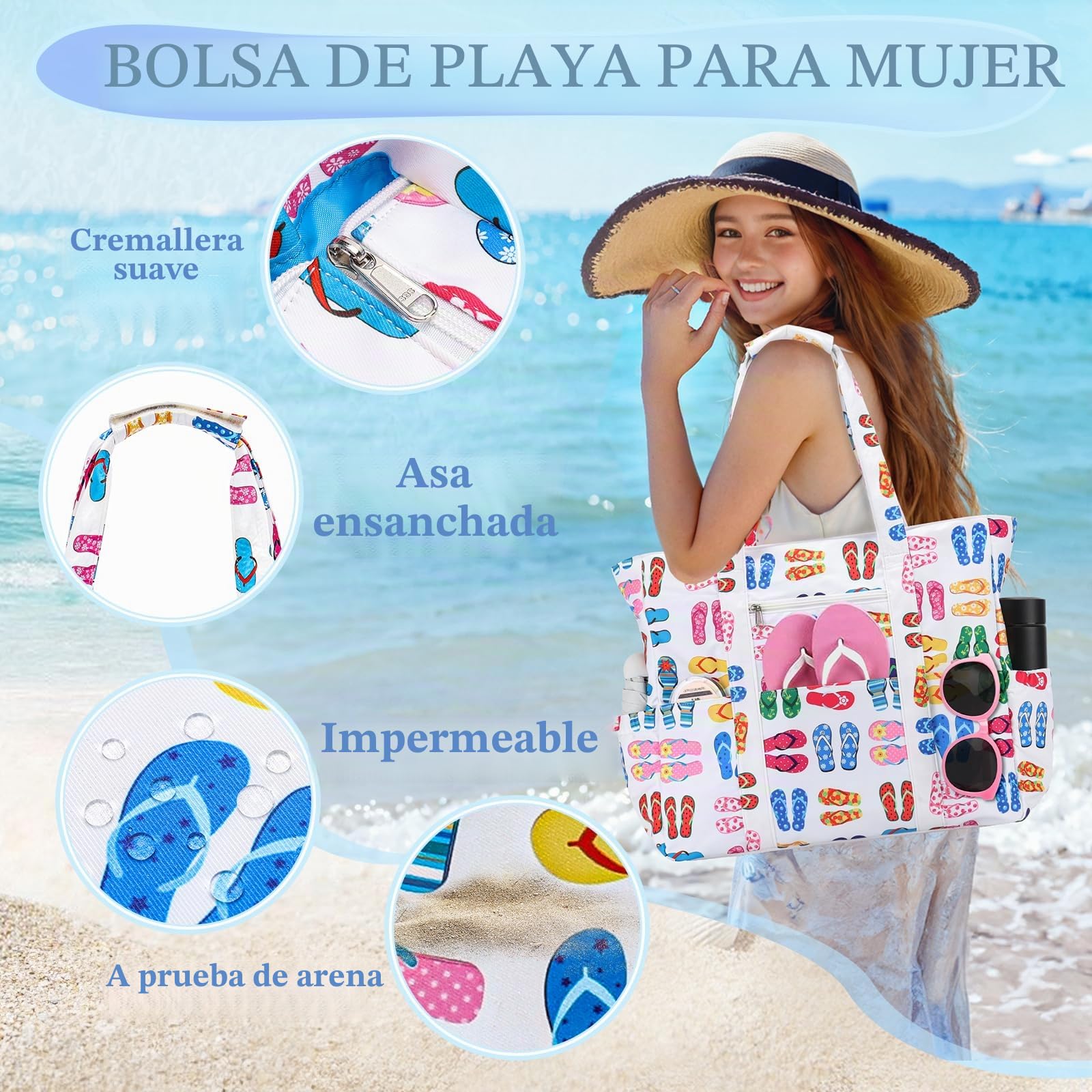 RAVUO Bolso Playa Grande XXL Familiar, Impermeable Bolso Playa Mujer con Cremallera Ligero Bolso Shopper Bolso Tote Bag para Natación, Deporte y Viajes