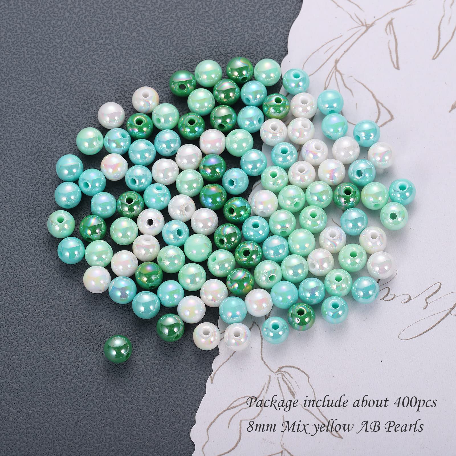 BEEFLYING 400 Mixed Color 8mm Round Imitation Pearl Beads DIY ABS Plastic Loose Spacer Beads for Jewelry Bracelets Necklaces Keychain Phone Lanyard Making (Green) - Image 2