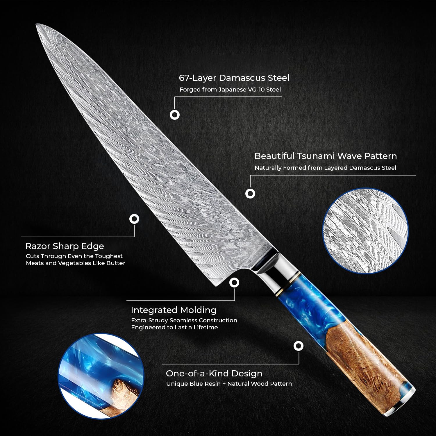 SENKEN Damascus Steel Chef's Knife - Tsunami Collection - 67-Layer Japanese VG10 Steel Core - Unique Blue Resin & Natural Wood Handle, Razor Sharp, Beautiful Damascus Wave Pattern (8" Chef's Knife) — Amazon image 3
